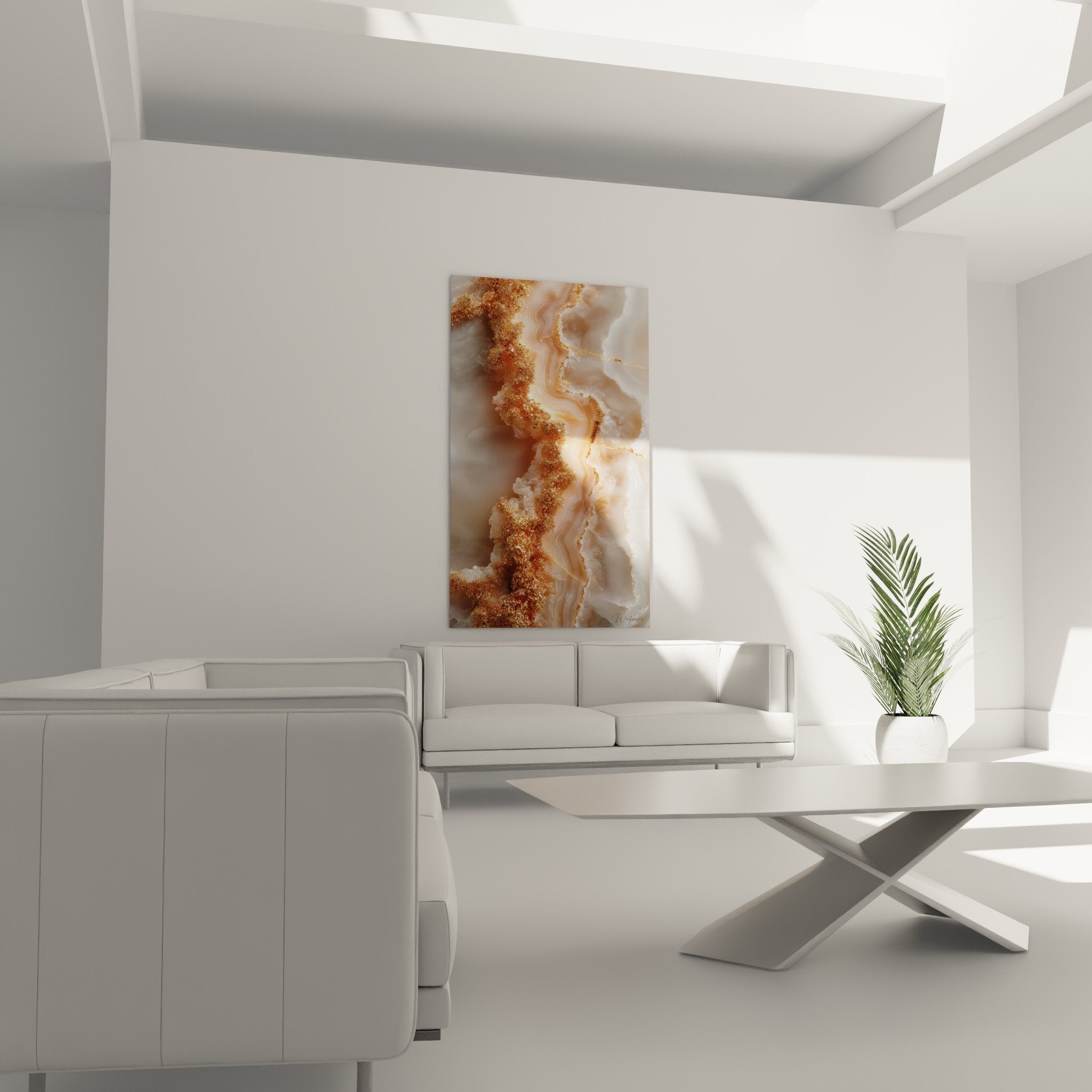 Detail of shimmering golden veins and pearlescent textures of the abstract marble wall art