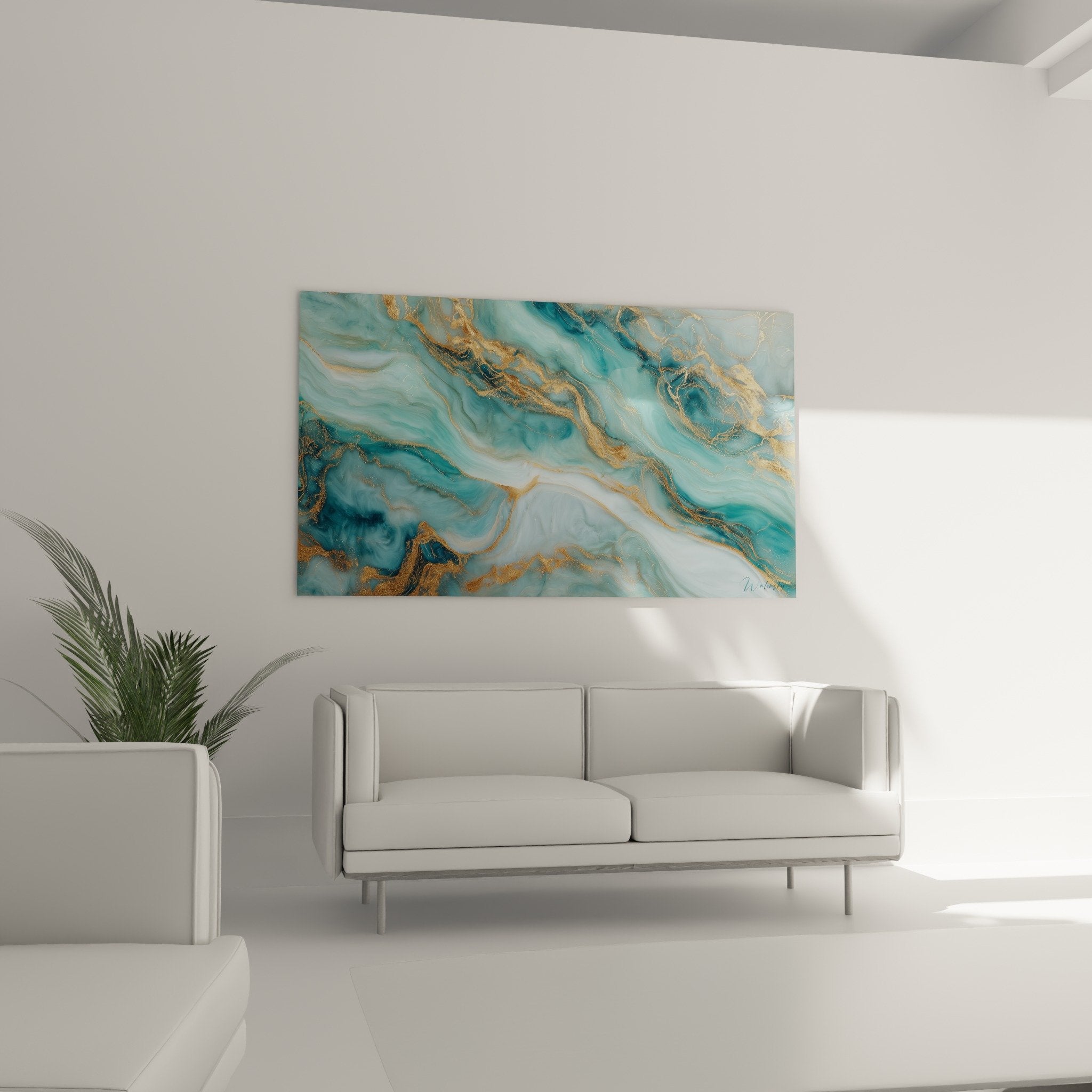 Detail rapproche des veines dorees et nuances turquoise du tableau abstrait marbre bleu