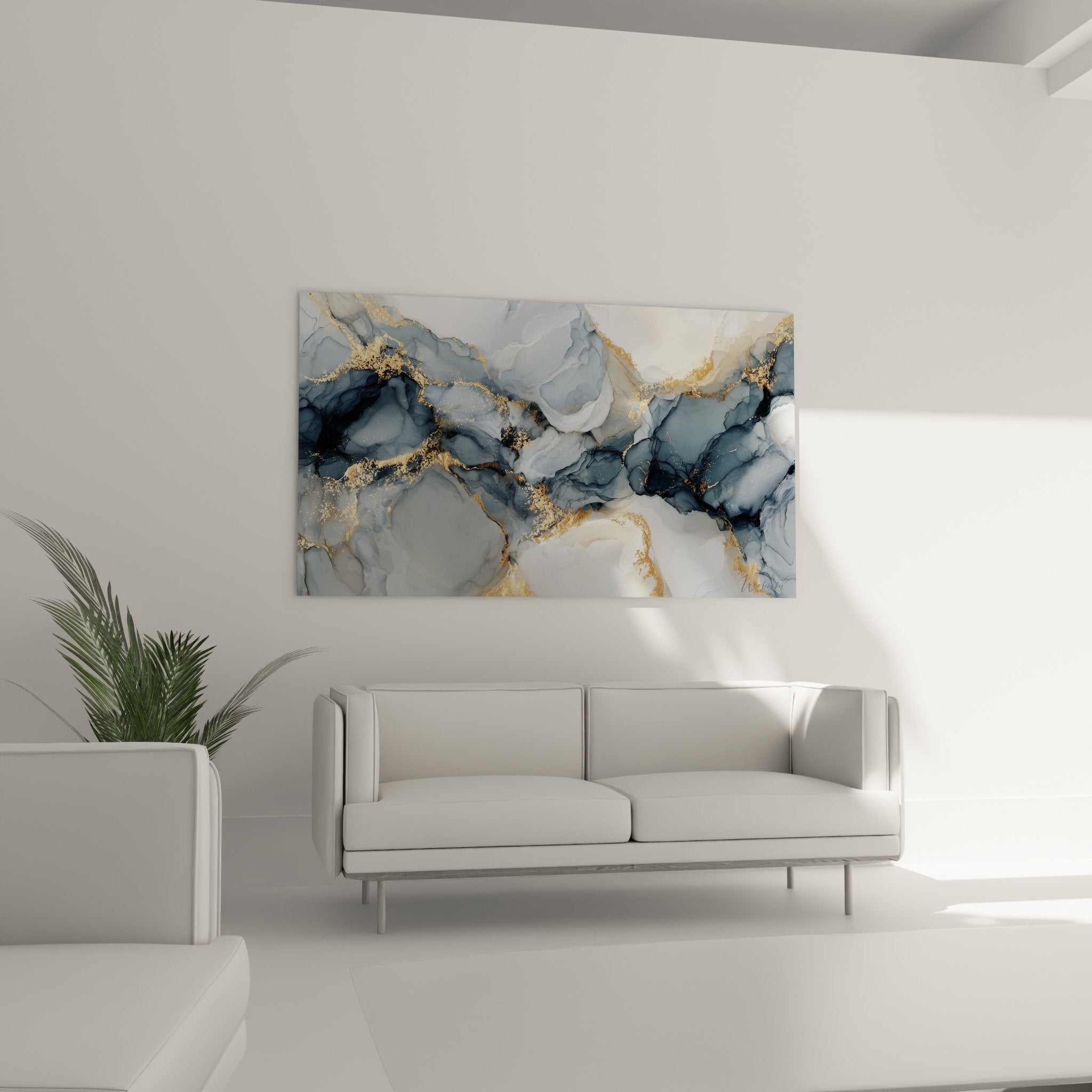 Details of golden veins and blue tones of the contemporary abstract marble painting
