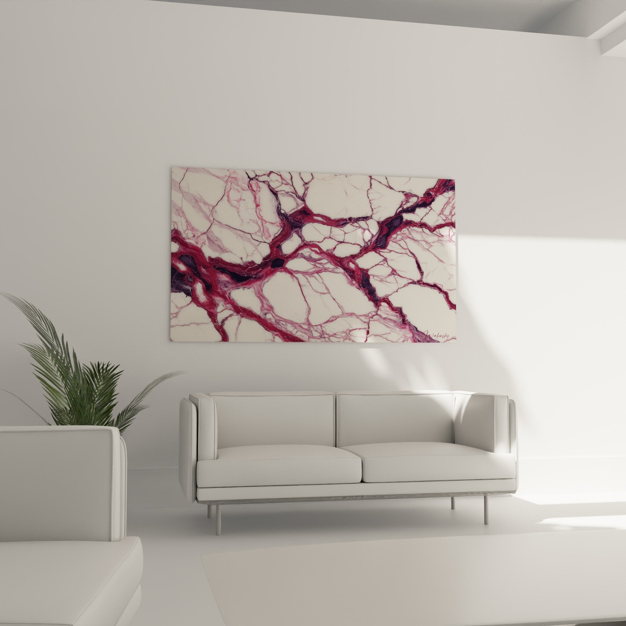 Détail des veines pourpres et roses du tableau marbre abstrait, texture minérale raffinée