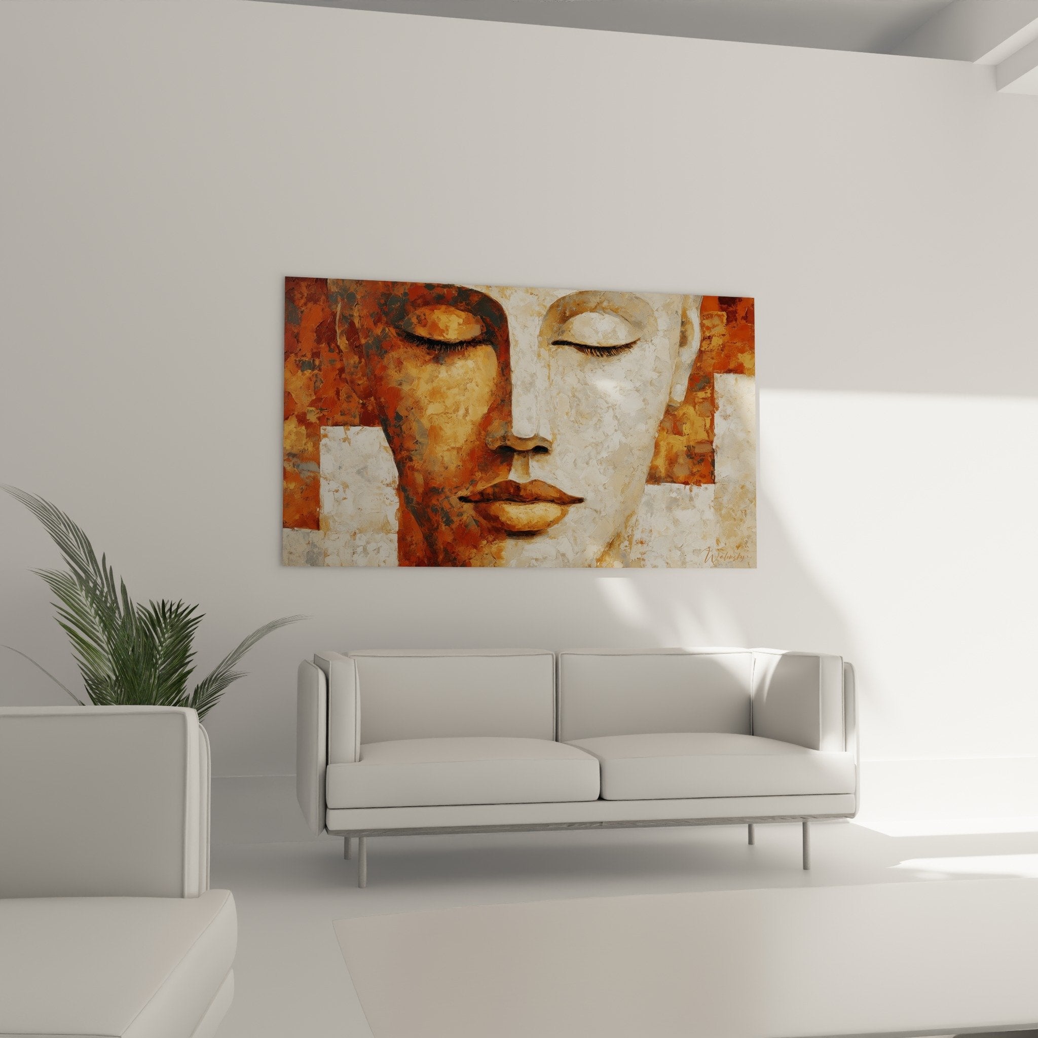 Abstract feminine portrait detail technical painting style ochre off-white meditative contemplative expression