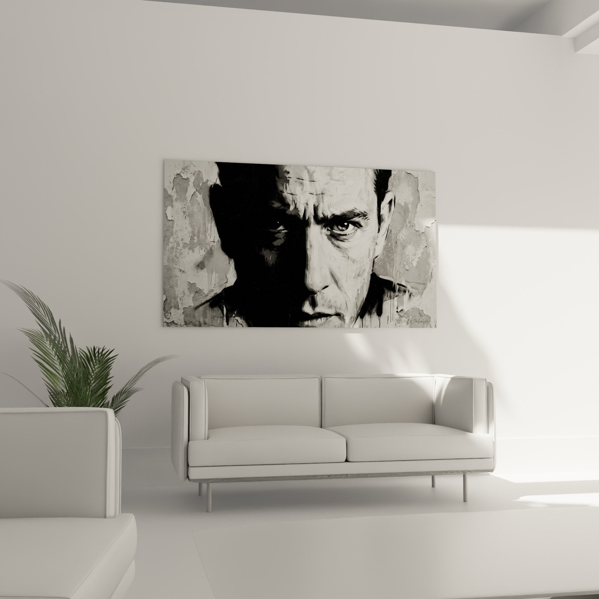 Detail visage masculin portrait street art noir blanc texture ecaillee regard penetrant