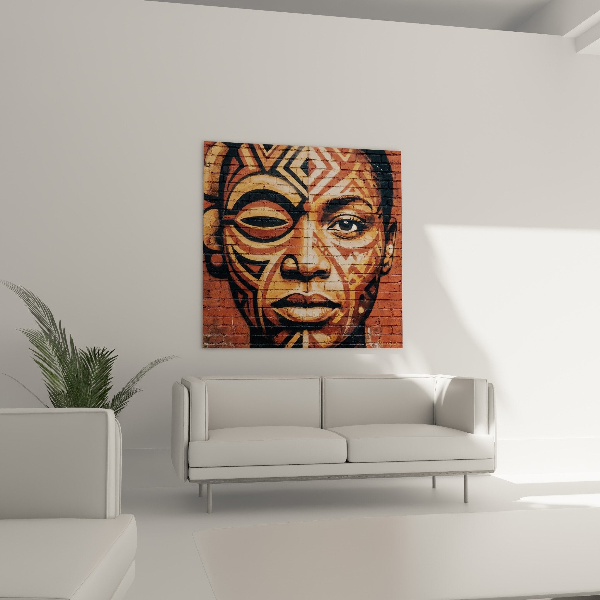 Detail visage feminin street art oeil ouvert ferme carnation ocre texture brique apparente