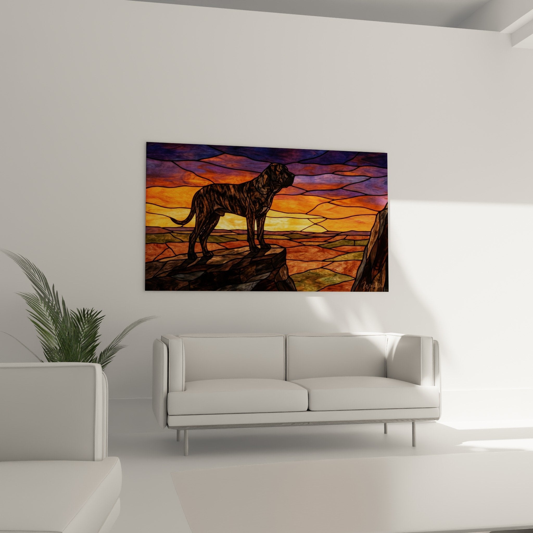 Detail tableau chien vitrail technique cernes noirs oranges violets art mural moderne