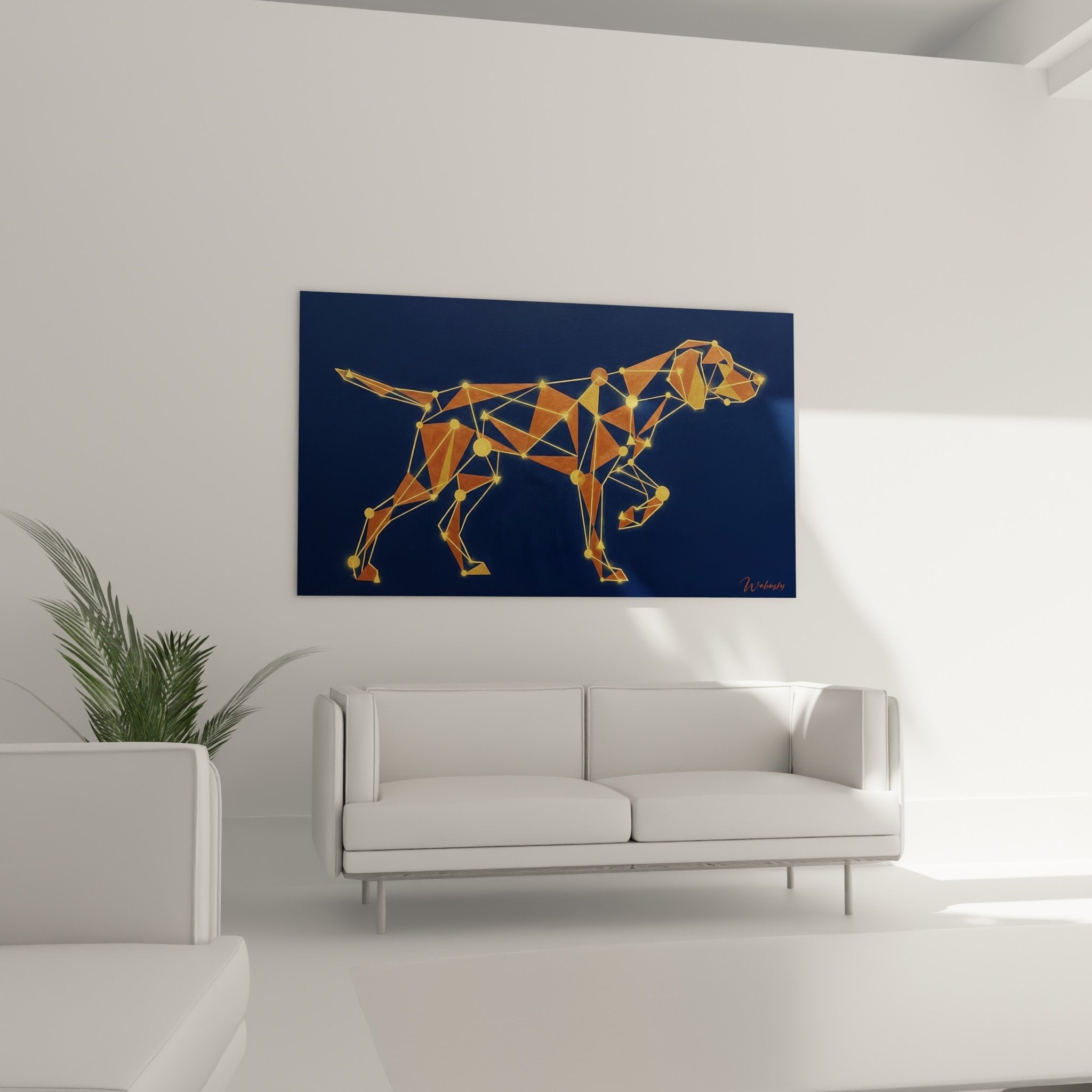 Détail rapproché facettes géométriques orange et dorées du tableau Vizsla avec connexions lumineuses