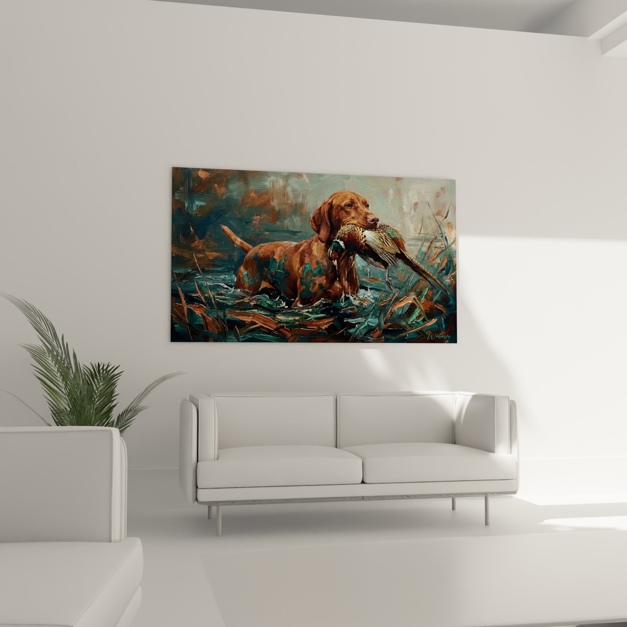 Détail du regard expressif du Vizsla tenant le faisan aux plumes chatoyantes