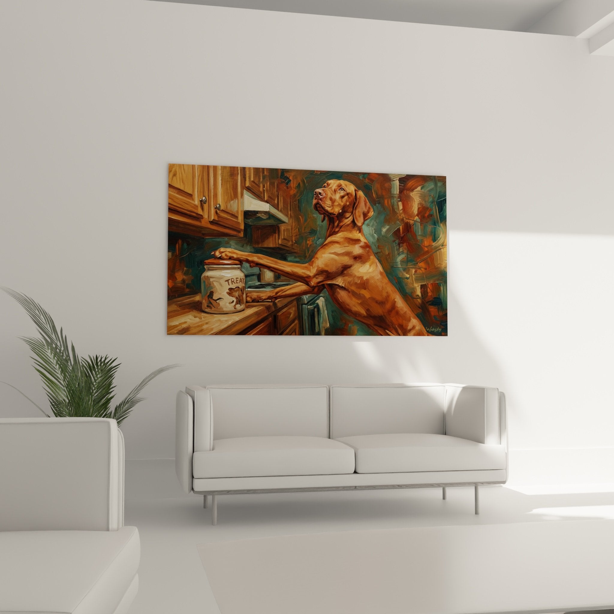 Detail peinture Vizsla roux expression malicieuse bocal friandises texture impressionniste