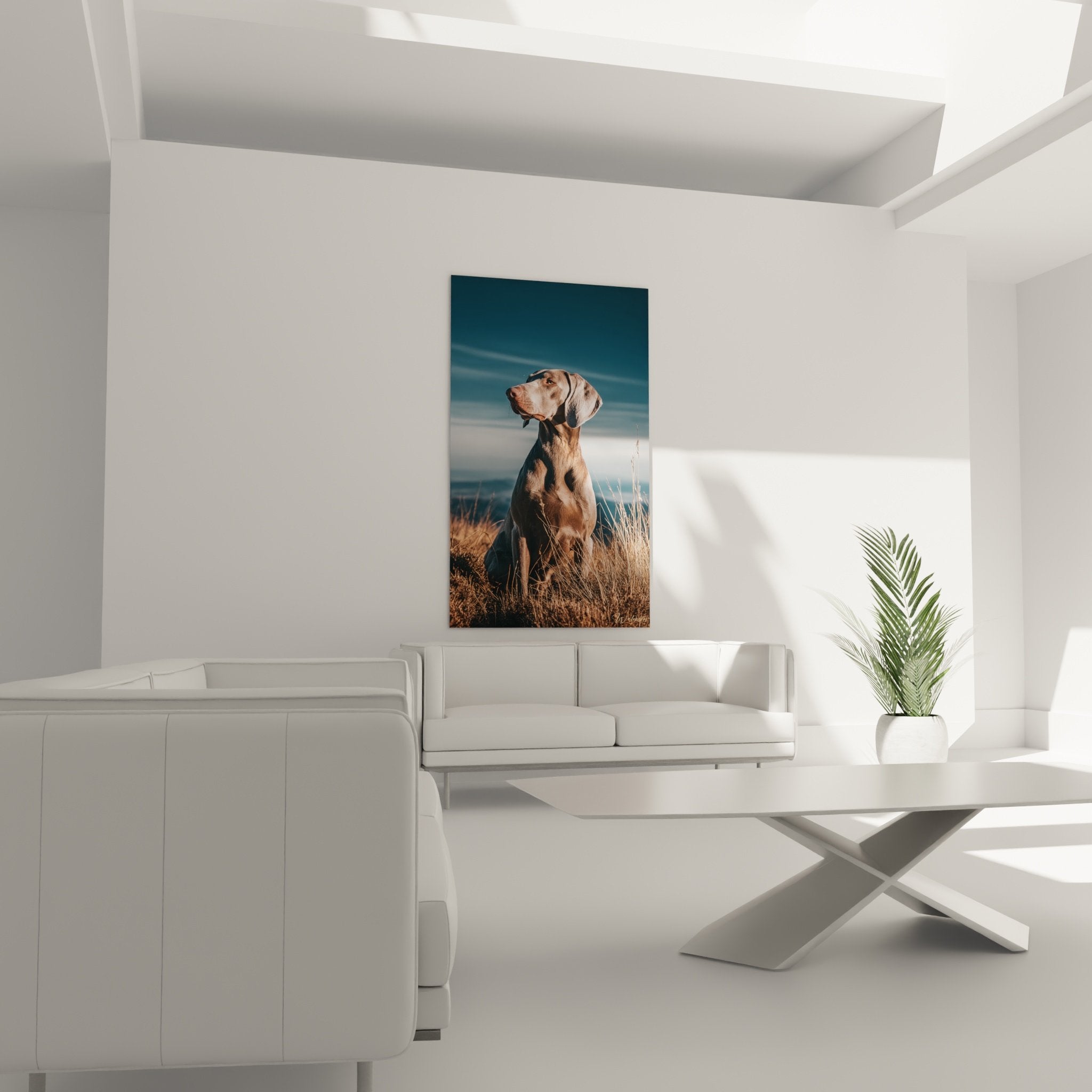 Détail portrait Weimaraner pelage gris-bleu herbes sèches dorées texture lumière chaude expression méditative