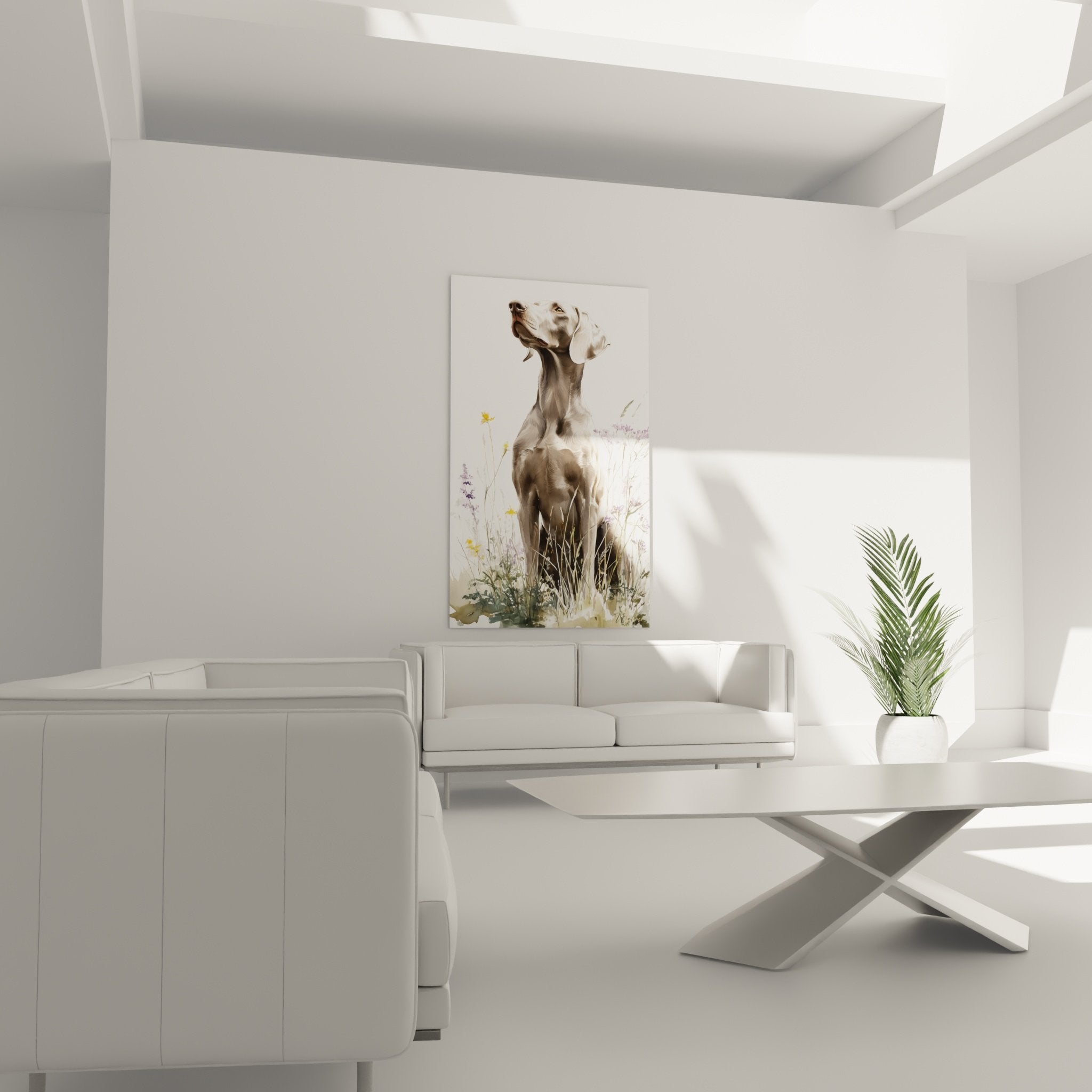 Détail gros plan weimaraner noble regard levé vers ciel technique aquarelle nuances grises beiges