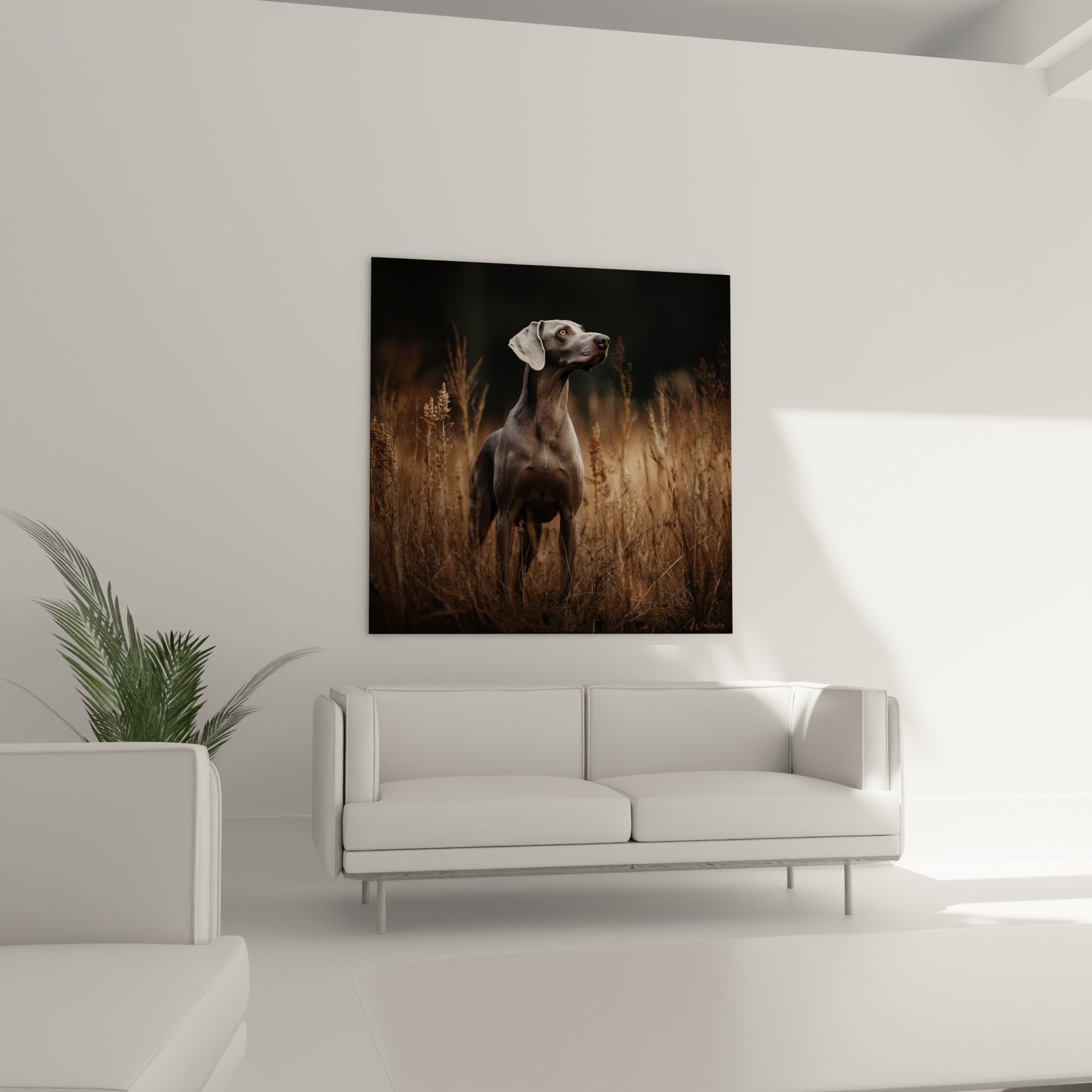 Détail portrait Weimaraner yeux ambrés pelage gris argenté herbes dorées flou artistique