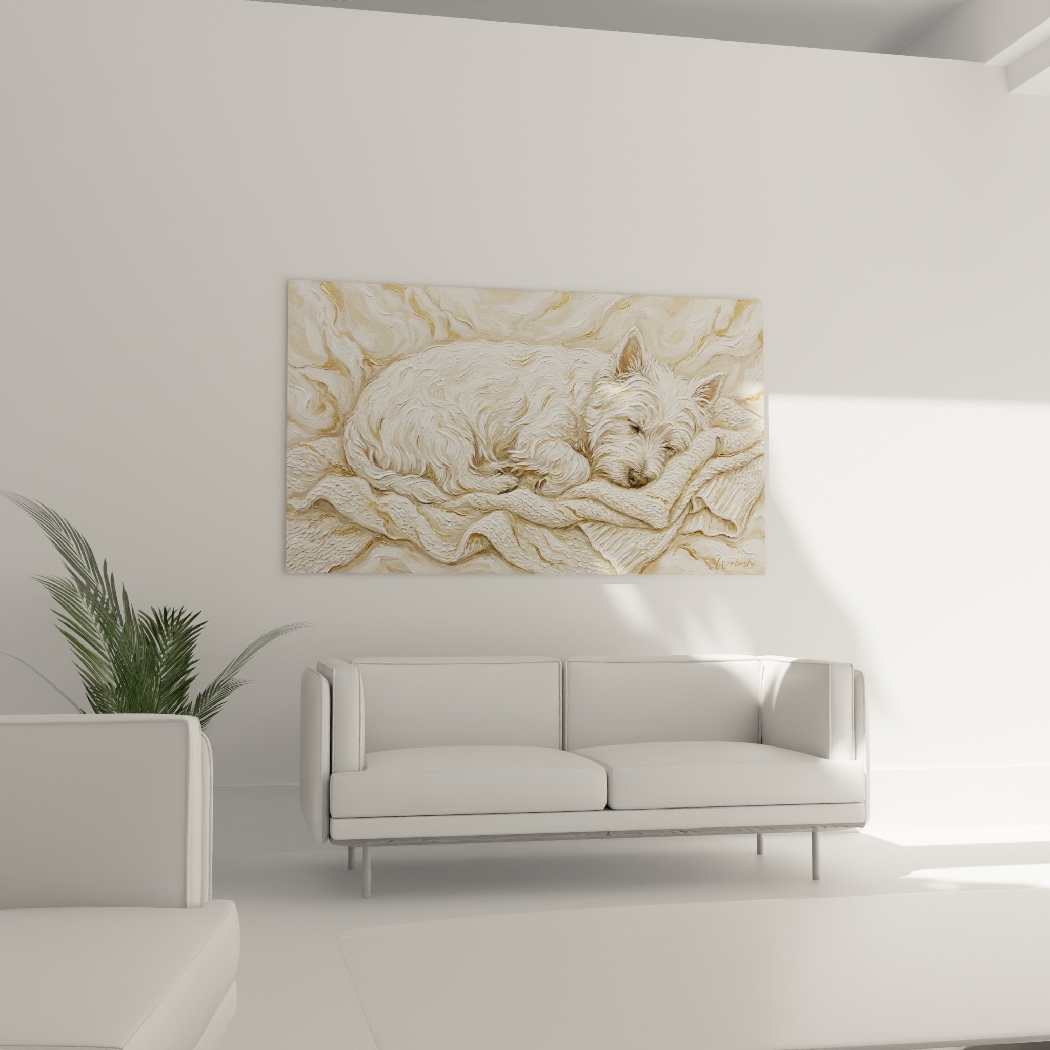 Detail tableau West Highland White Terrier pelage blanc texture plaid tricote tons ocre