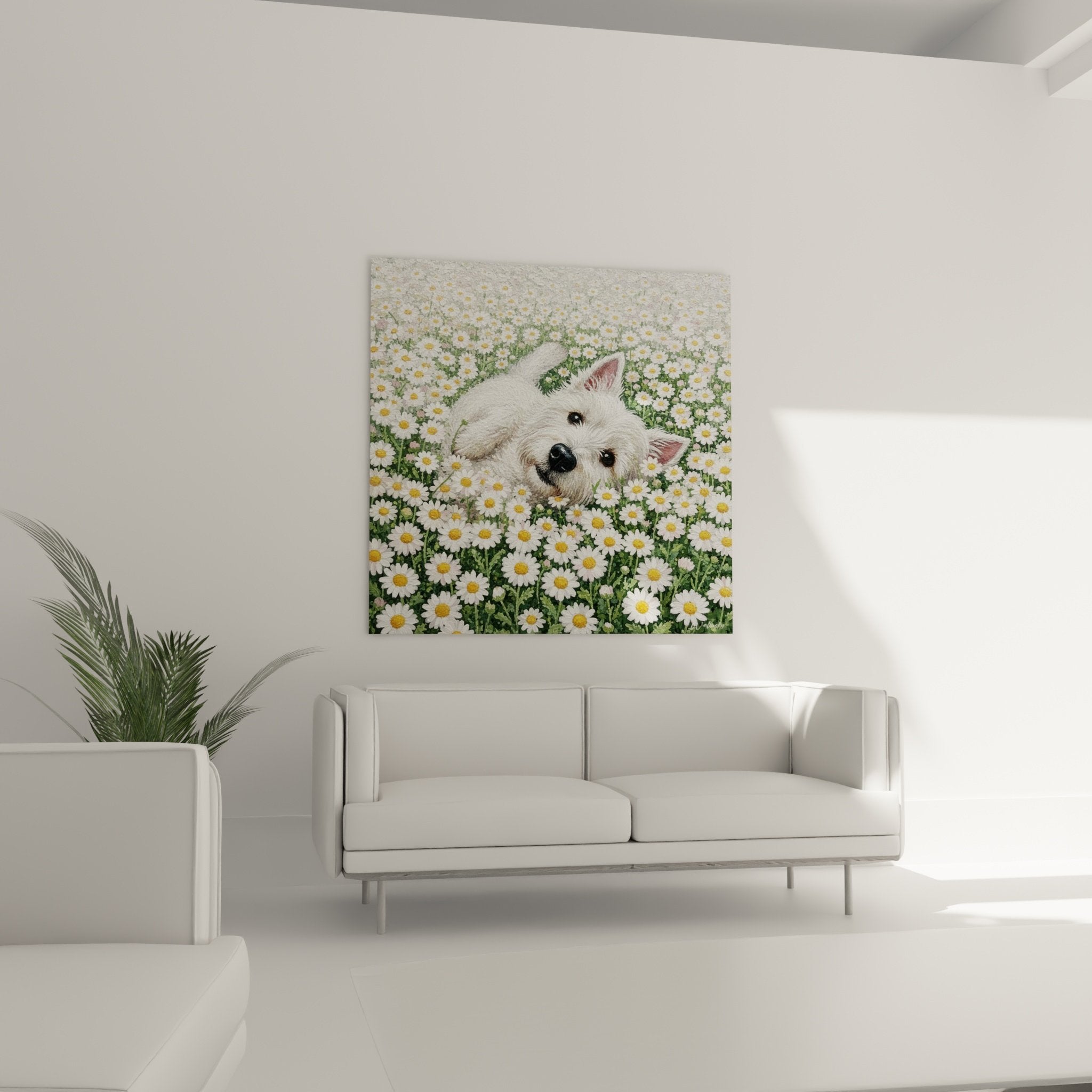 Detailaufnahme des Gesichts des West Highland White Terriers mit glänzenden schwarzen Augen, umgeben von weißen Gänseblümchen mit goldenen Herzen