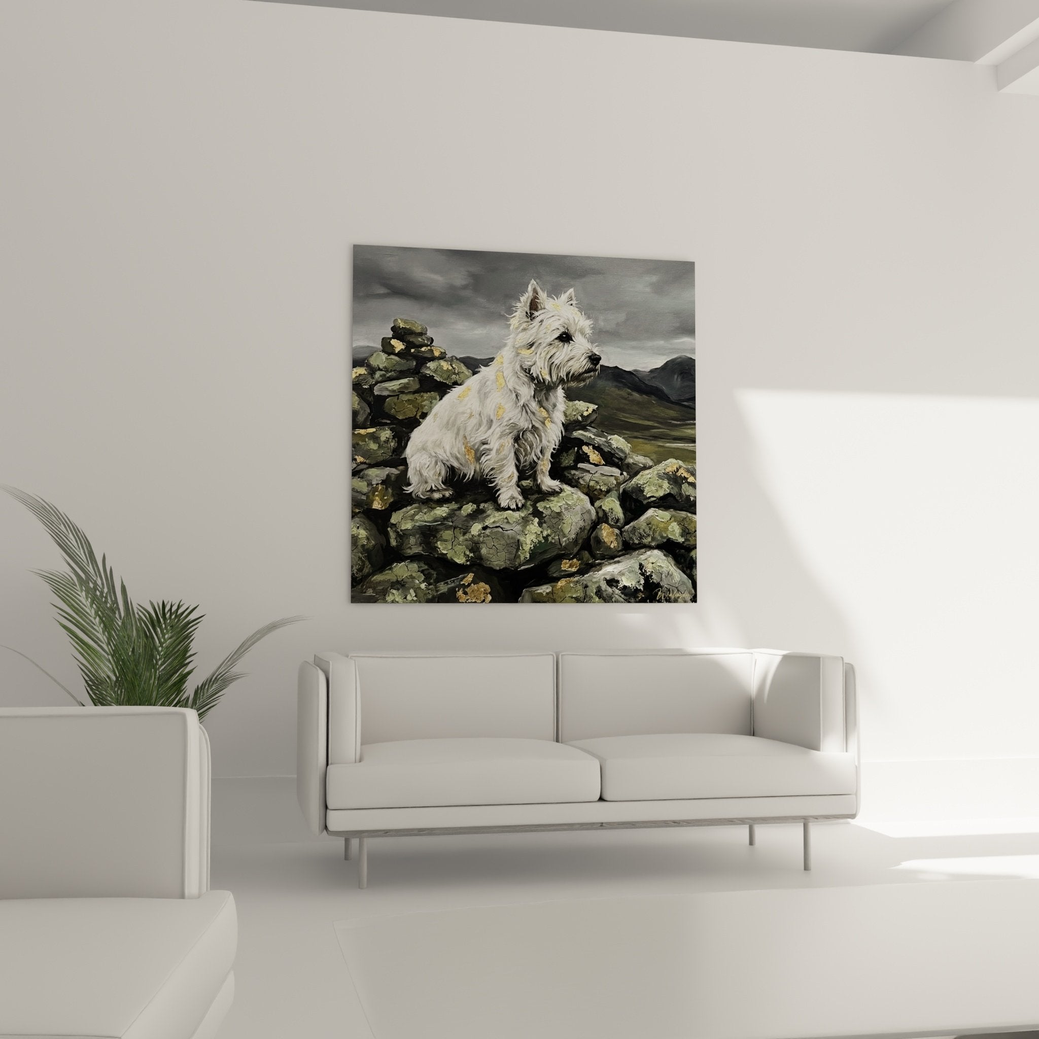 Détail peinture West Highland White Terrier pelage blanc soyeux sur pierres couvertes mousse dorée