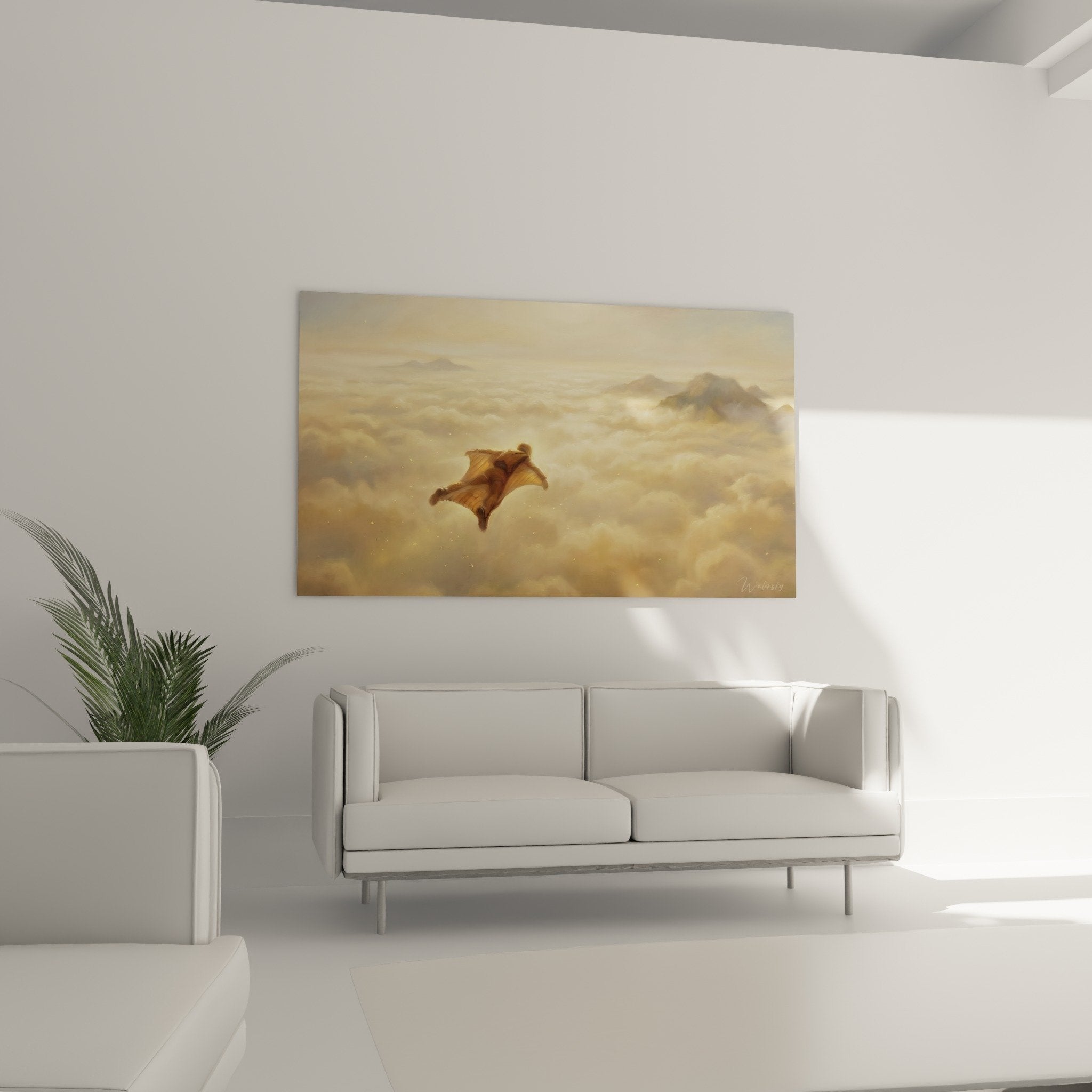 Detail tableau wingsuit haute qualite montrant textures nuages et combinaison bronze du voleur en action