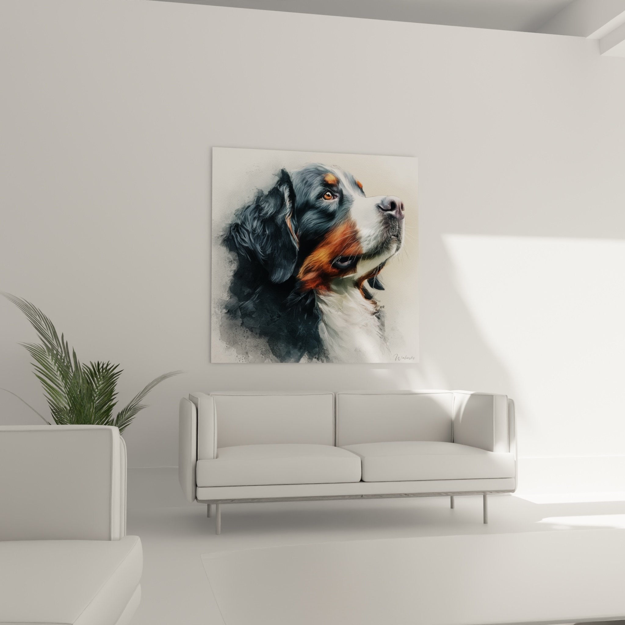 Detail yeux ambrés Bouvier Bernois aquarelle technique transparence couleurs douces portrait artistique chien