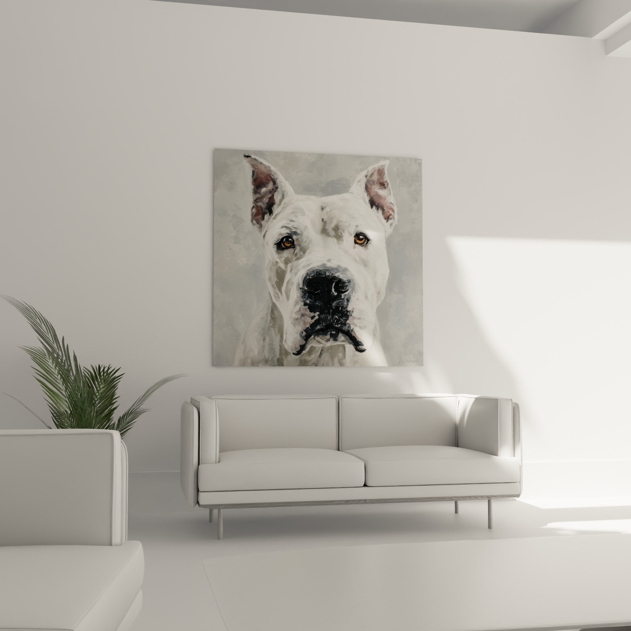 Détail yeux dorés et museau noir dogue argentin, peinture texturée, oreilles roses dressées