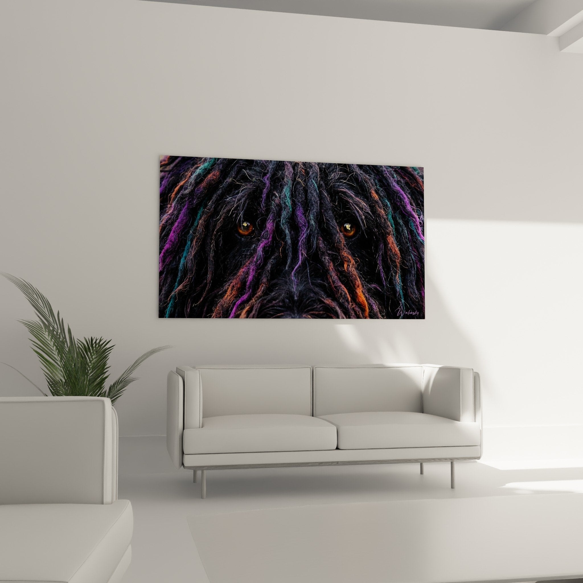Dettaglio primo piano occhi dorati Puli dreadlock viola turchese texture corde mantello artistico colorato