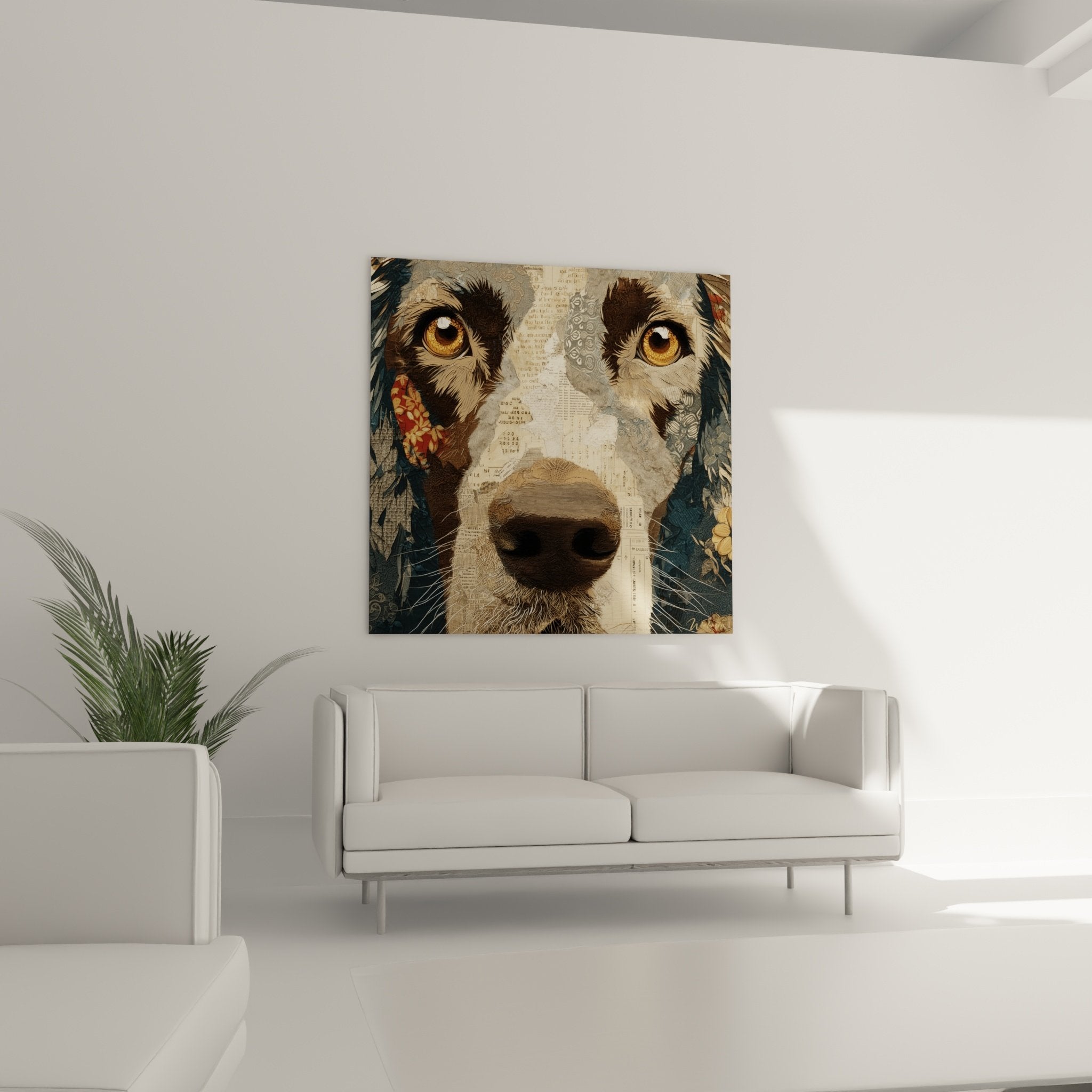 Irish Setter amber eyes detail portrait newspaper collage artistic texture ochre beige tones
