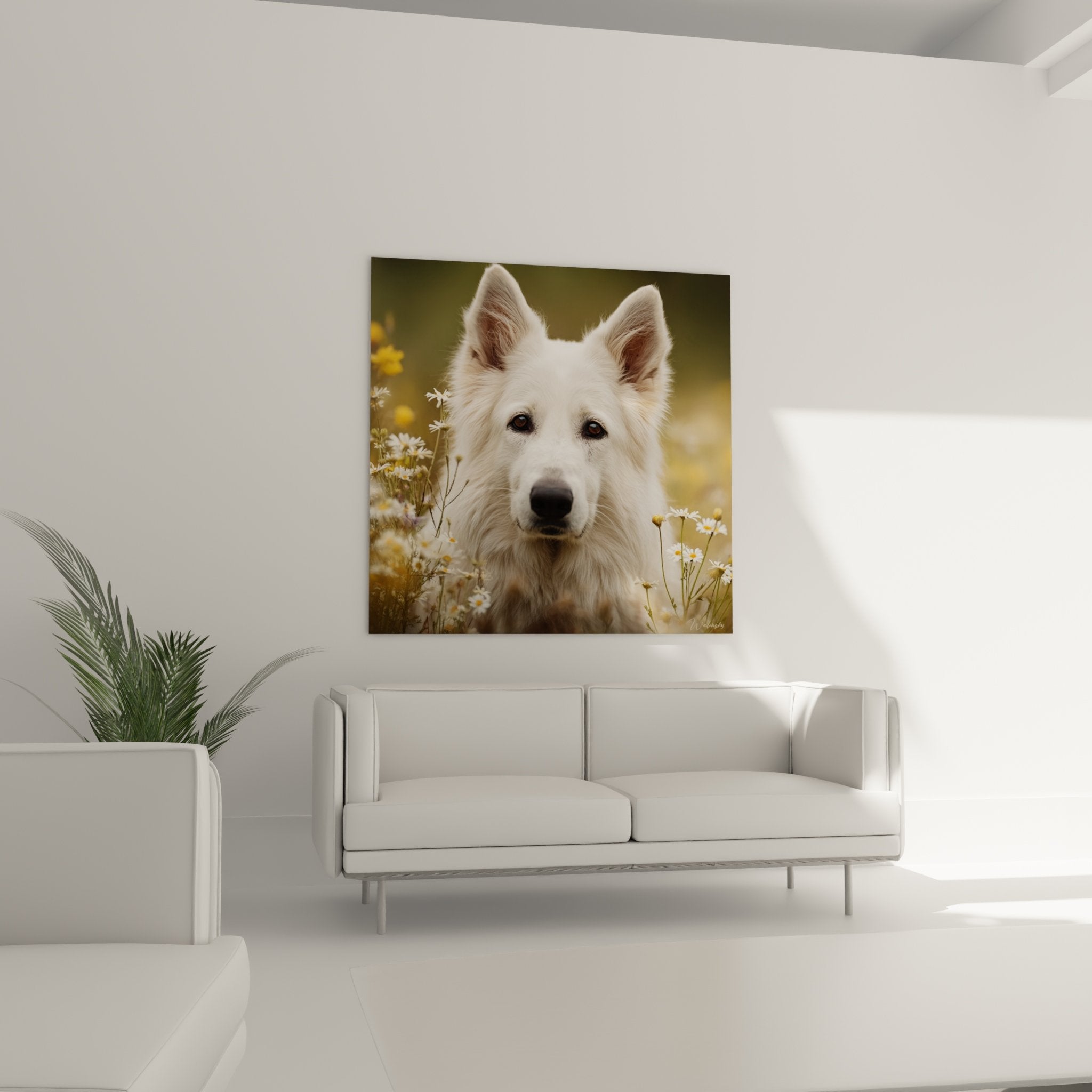 Nahaufnahme bernsteinfarbene Augen Weißer Schweizer Schäferhund weißes Fell Gänseblümchen-Details im Vordergrund