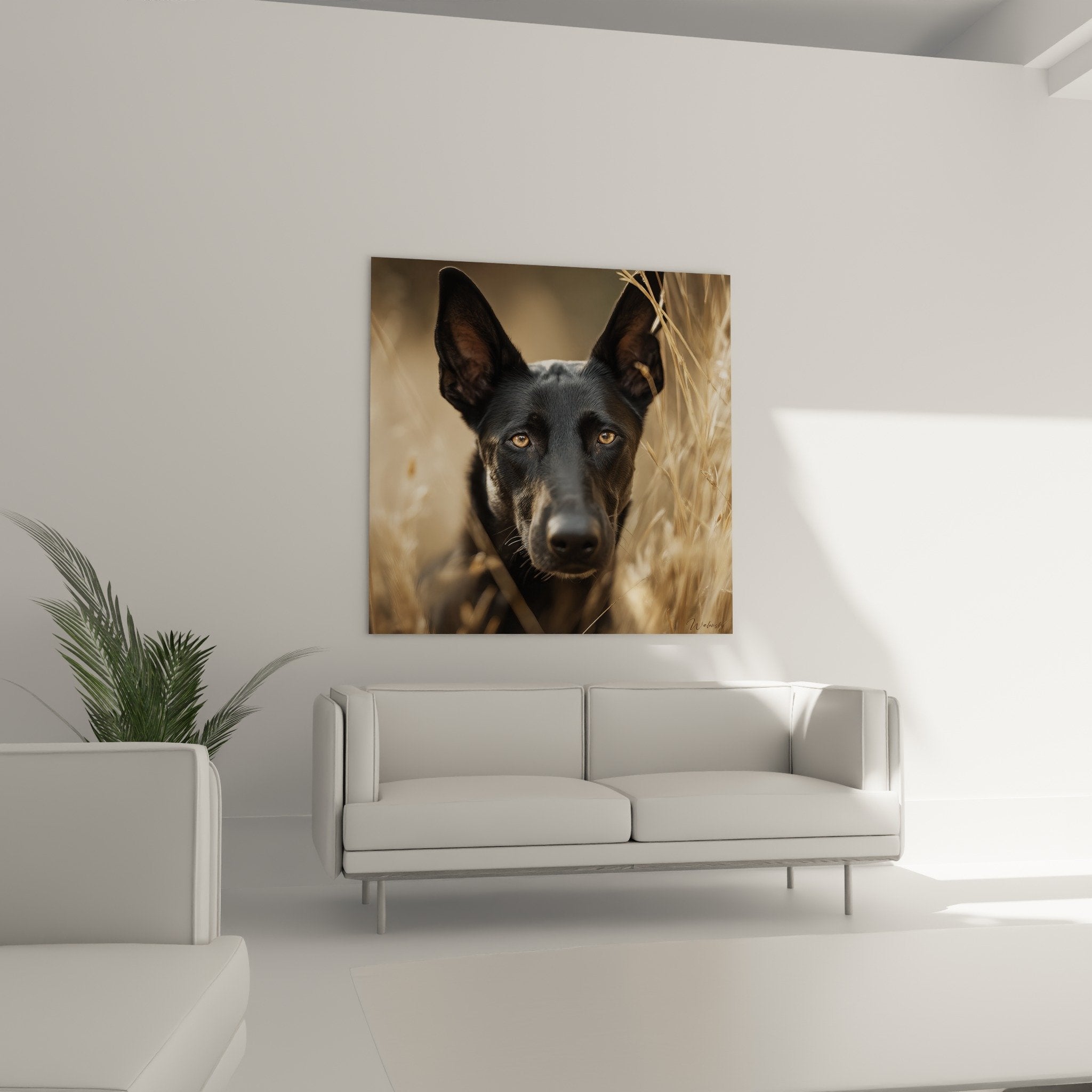 Détail des yeux ambrés expressifs du Berger Hollandais et pelage noir et feu dans herbes dorées