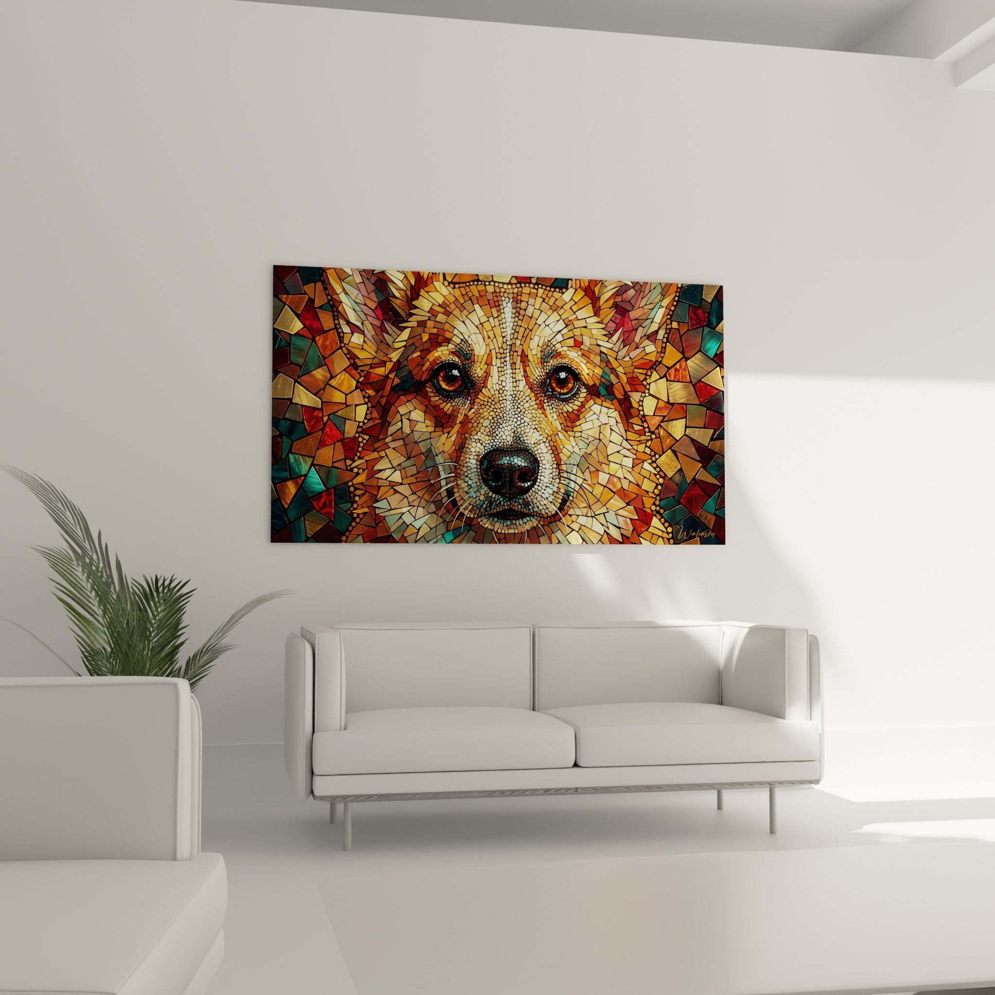 Close-up detail of the expressive amber eyes of the Pembroke Corgi in golden fragmented mosaic technique