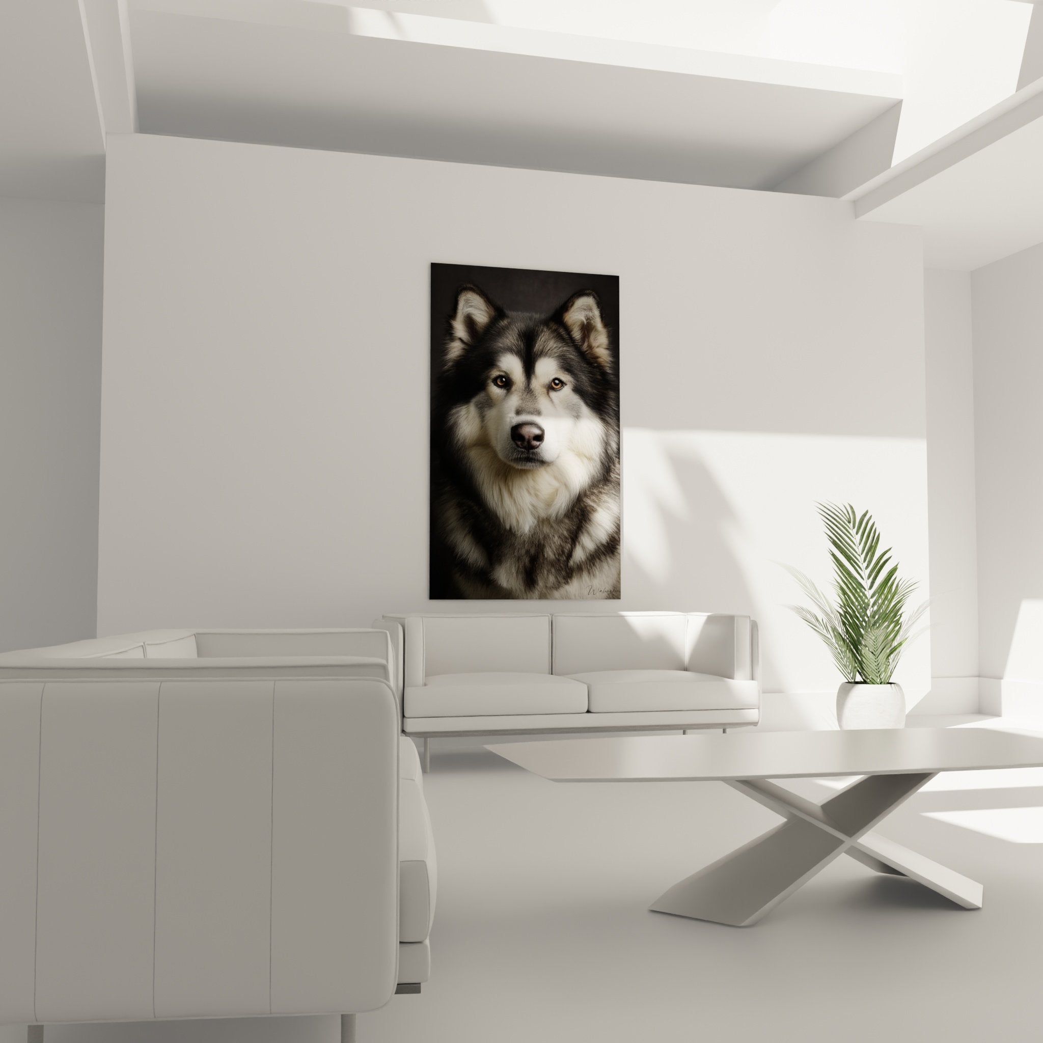Détail yeux ambrés Malamute Alaska portrait réaliste pelage gris argenté truffe noire