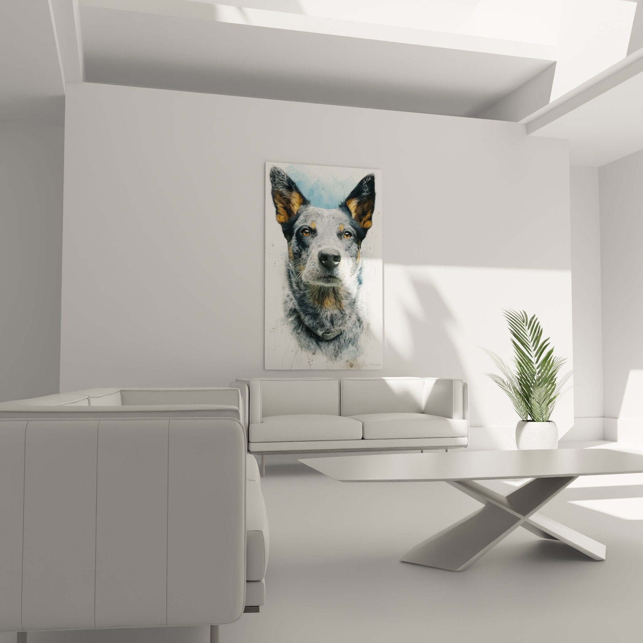 Détail rapproché du regard ambré et du pelage moucheté bleu-gris de l'Australian Cattle Dog en style aquarelle