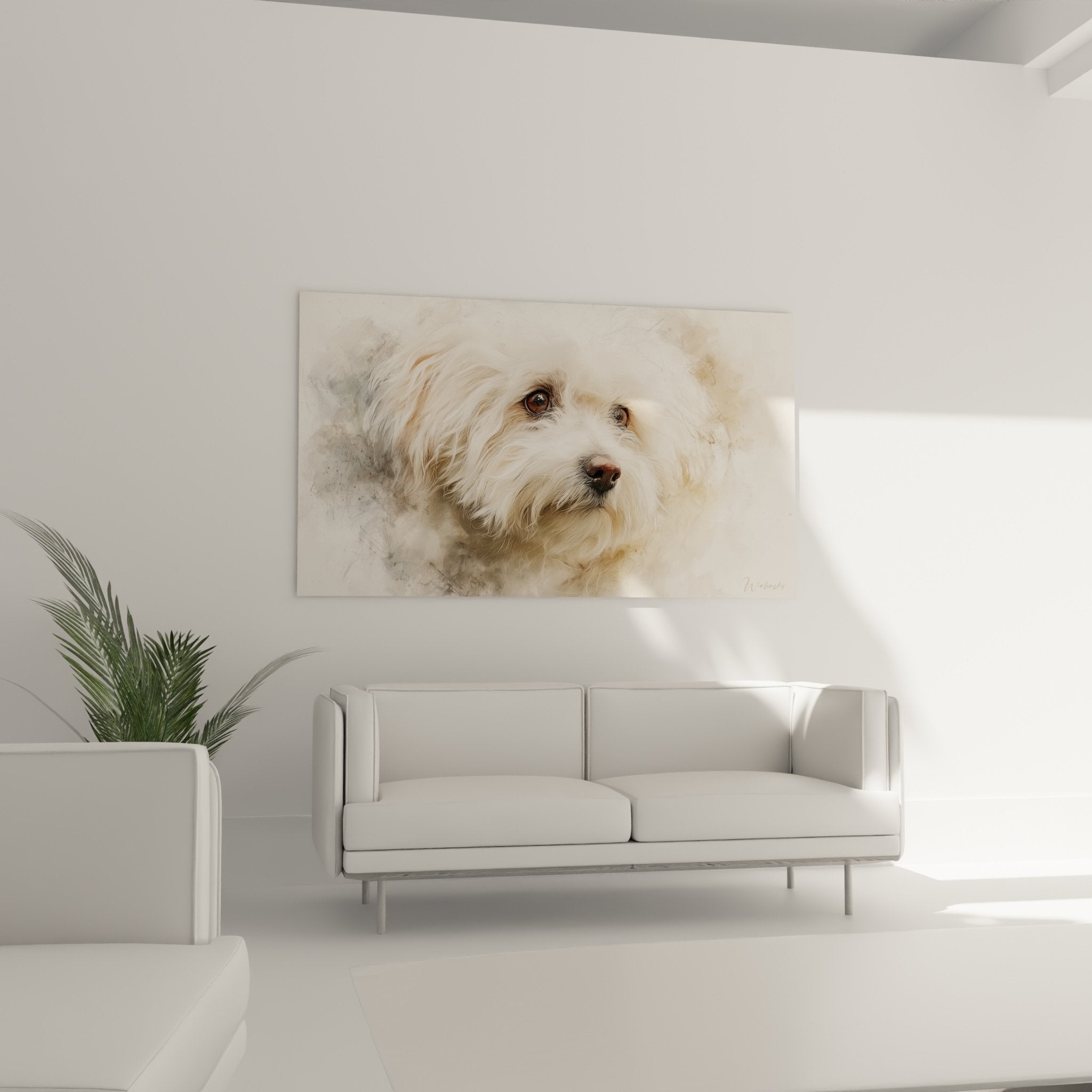 Détail yeux expressifs Bichon Frisé aquarelle pelage bouclé blanc crème technique picturale
