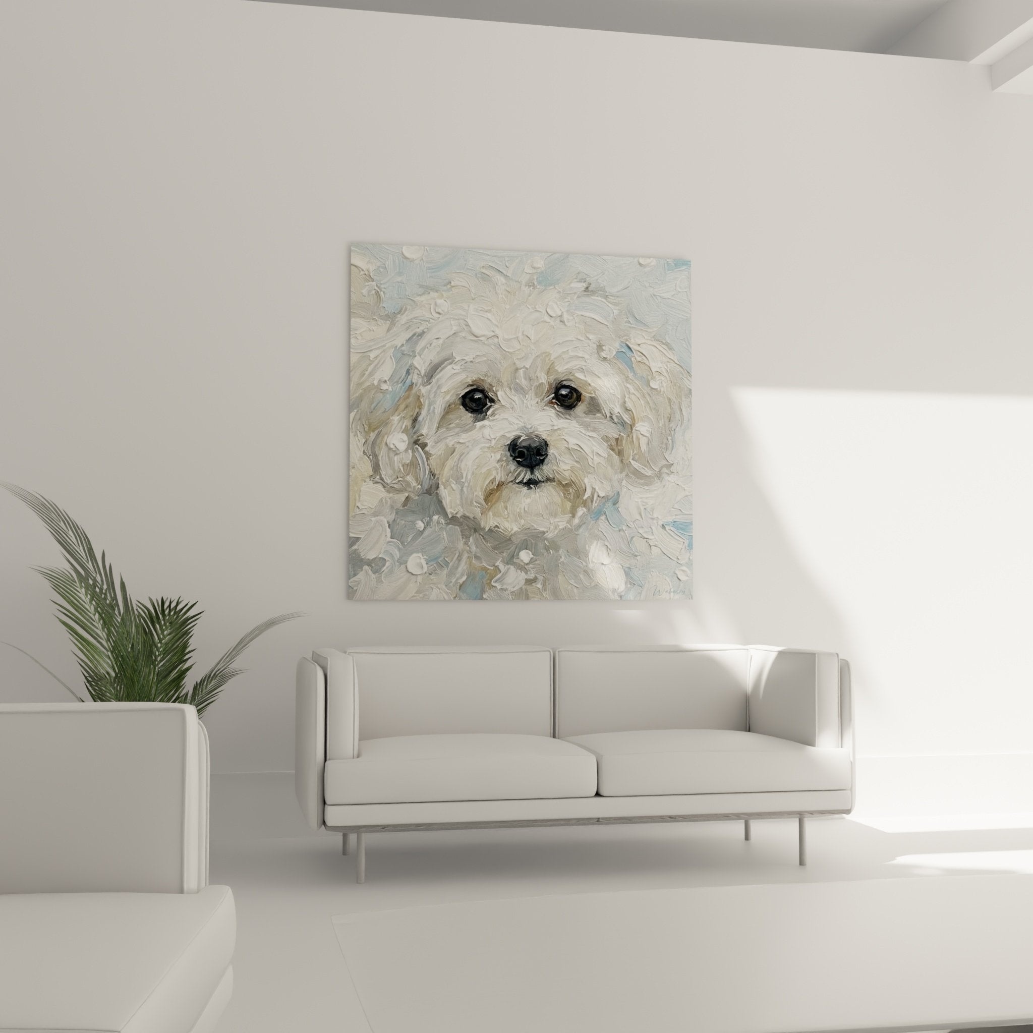 Detail black expressive eyes Maltese Bichon painting textured impasto silky white coat canine art