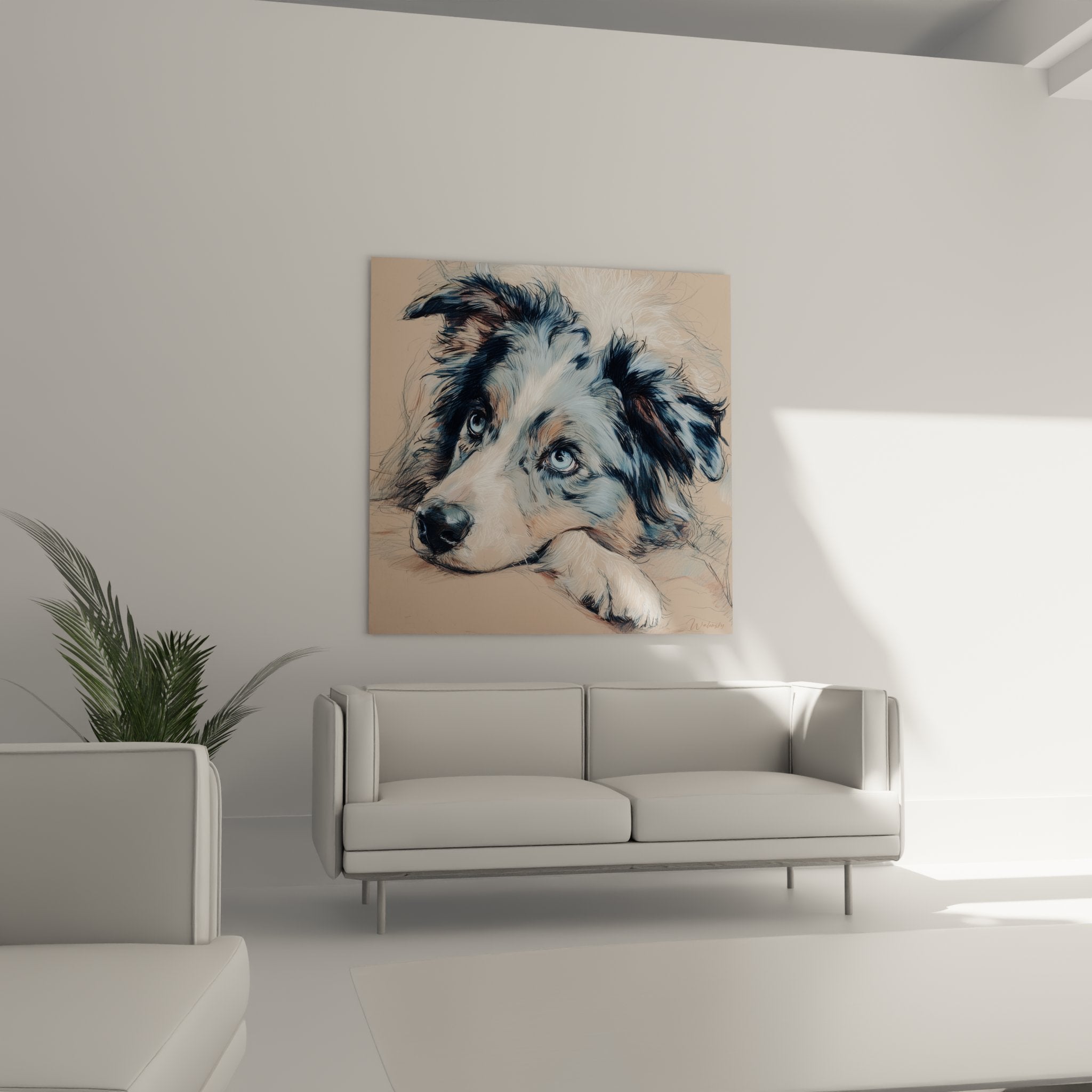 Close-up of the Australian Shepherd's piercing blue eyes, tricolor coat detail and pastel technique