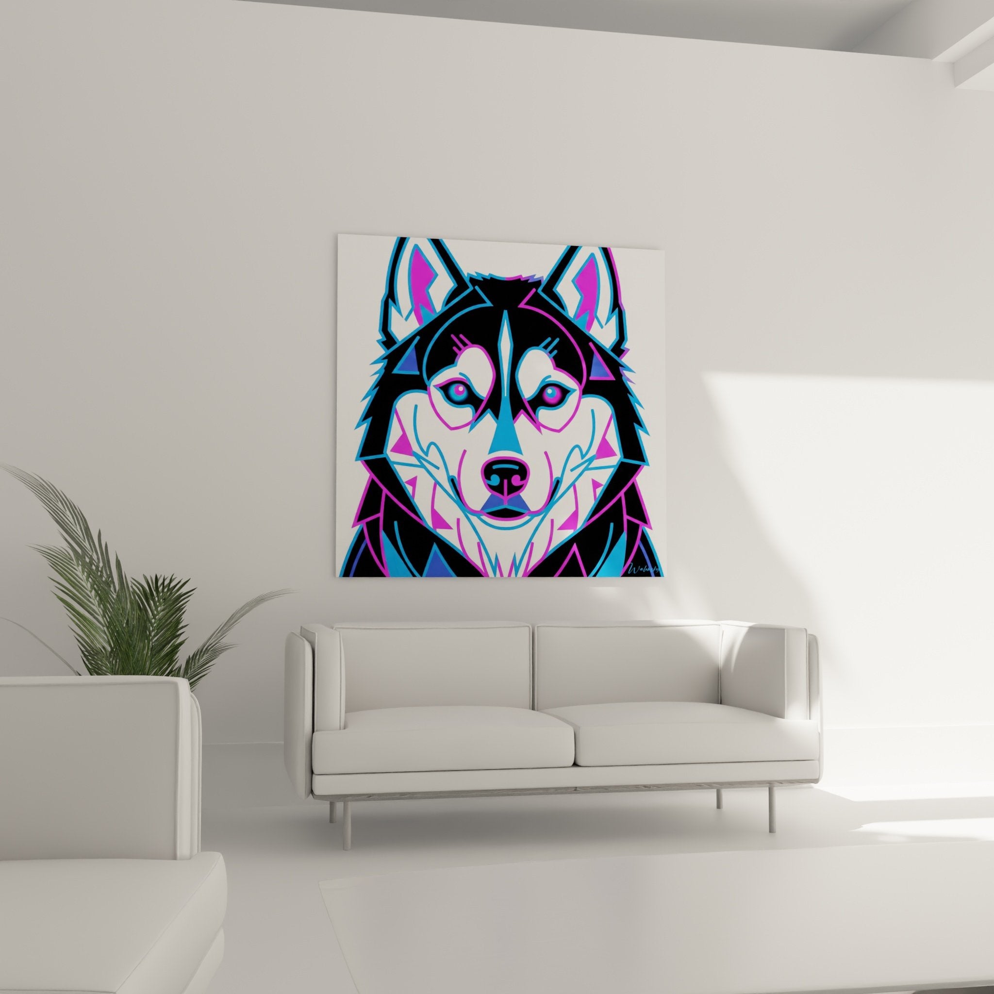 Close-up detail portrait Siberian Husky geometric style electric blue eyes vector art