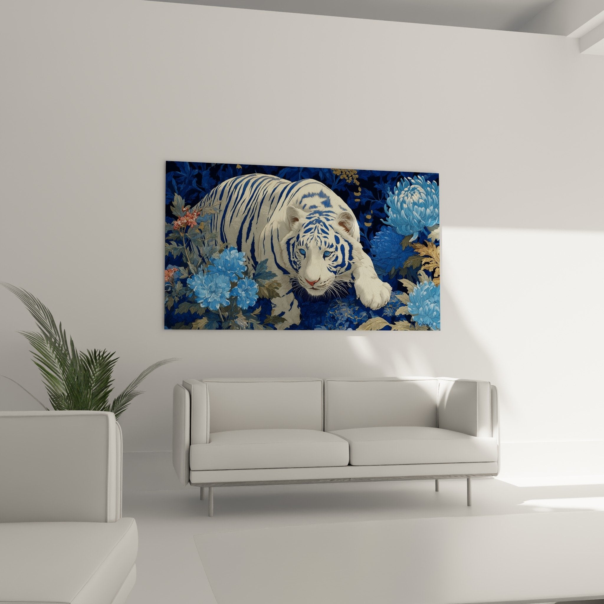 Detail of the piercing blue eyes of the white tiger on decorative canvas