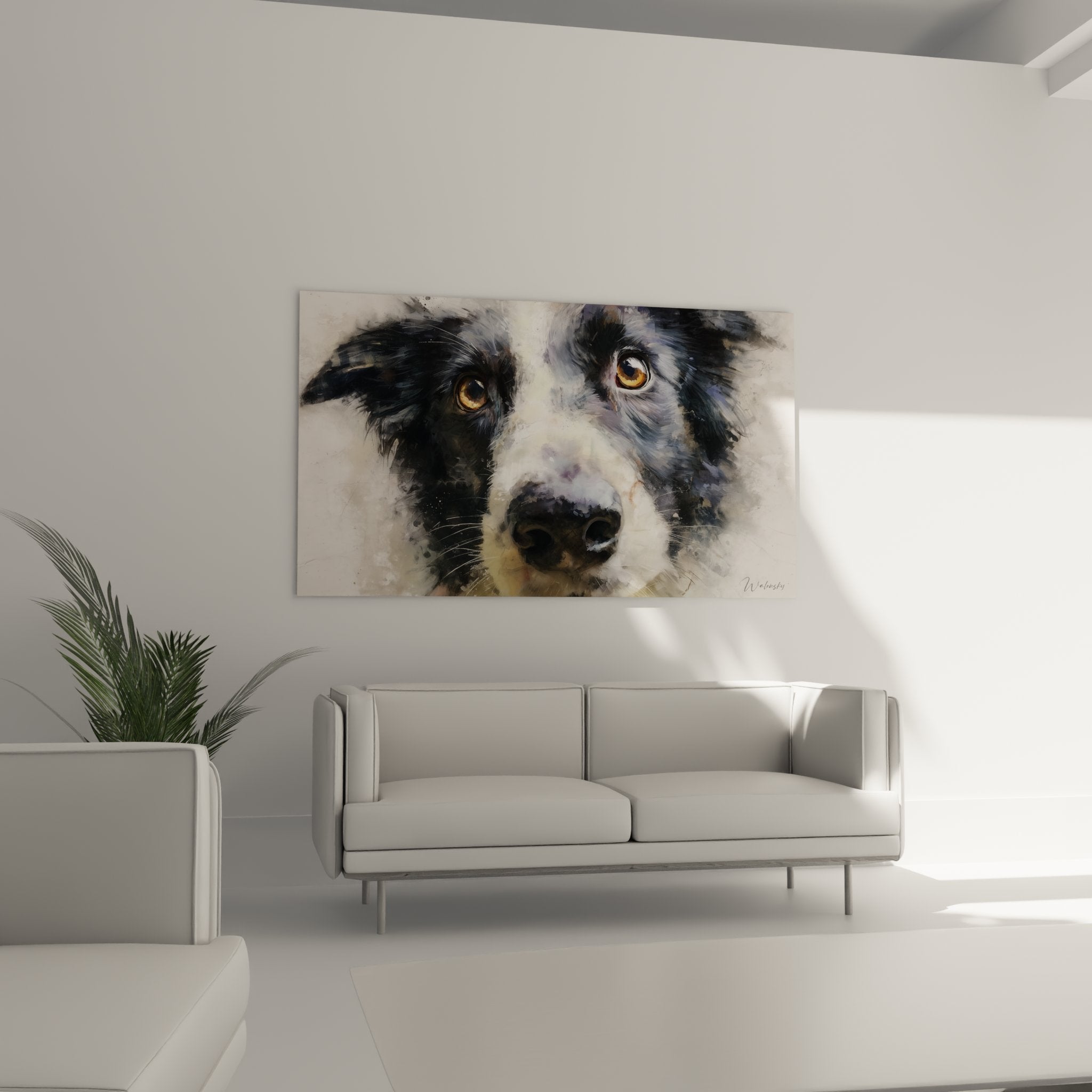 Close-up golden eyes border collie artistic painting detailed expressive gaze modern impressionist technique