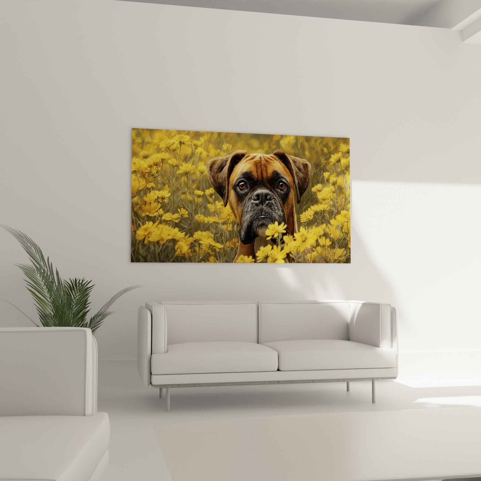 Nahaufnahme der ausdrucksstarken bernsteinfarbenen Augen des Boxers und Details der umgebenden goldenen Gänseblümchen