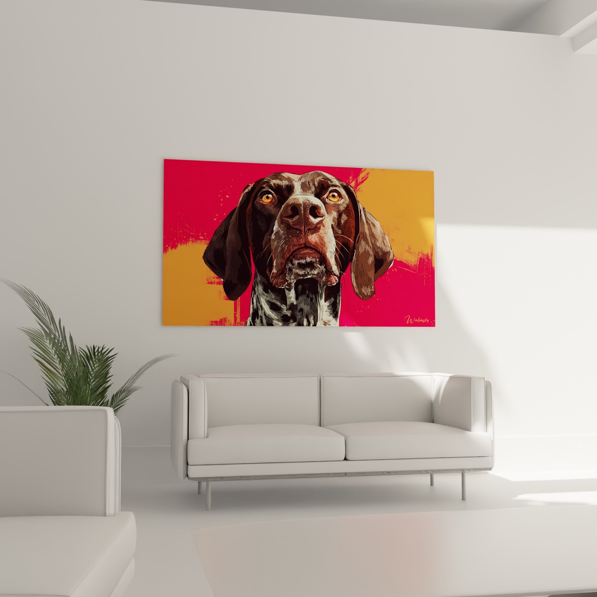 Détail du regard ambré et du pelage brun du Braque Allemand sur fond rose fuchsia artistique