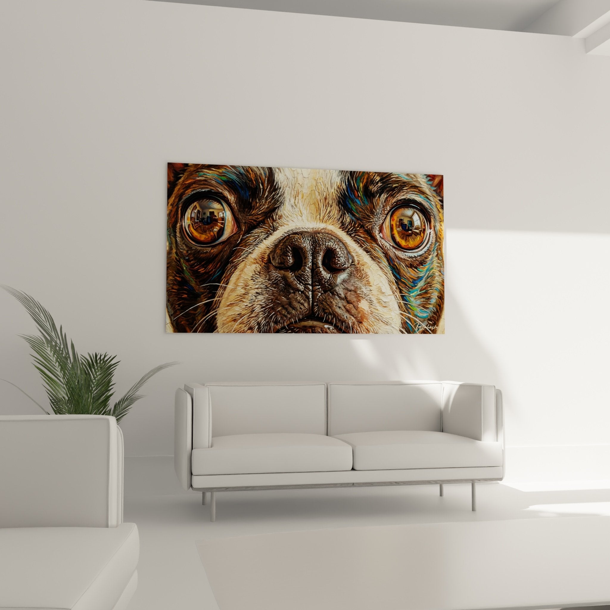 Detail yeux dores Boston Terrier reflets urbains peinture hyperrealiste texture pelage tricolore portrait canin