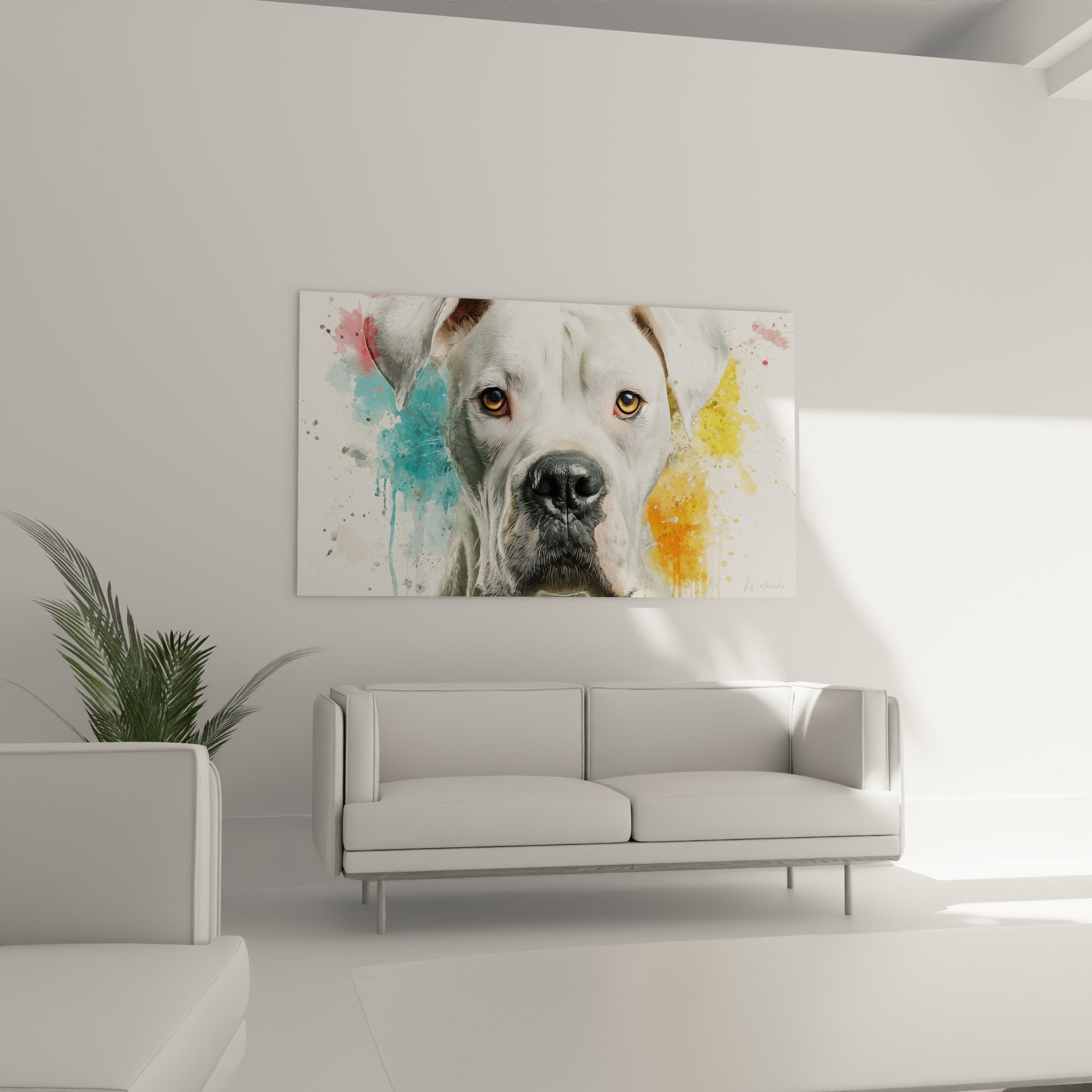 Détail portrait canin réaliste montrant yeux dorés et truffe noire du Dogue Argentin