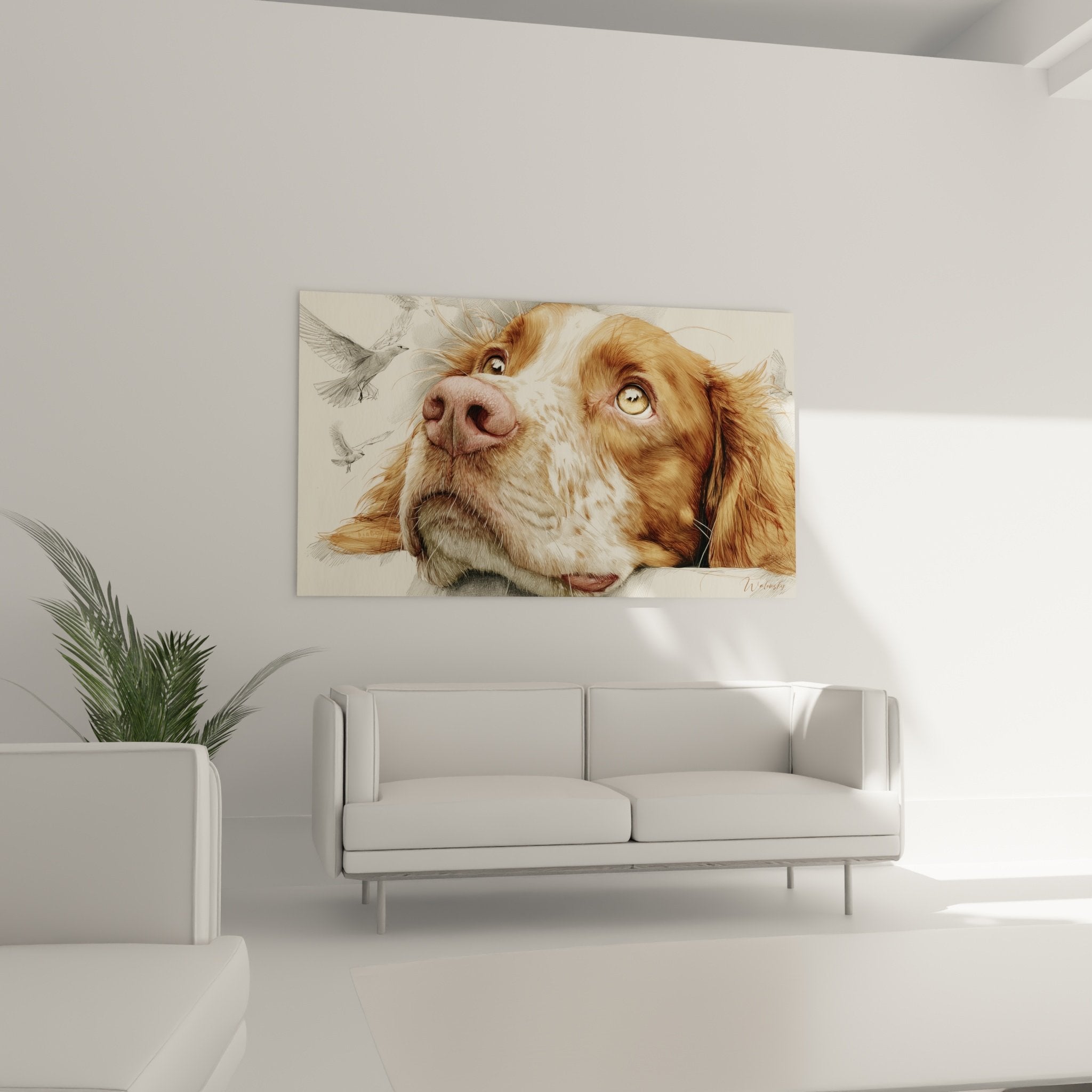 Détail yeux dorés et museau Epagneul Breton, technique dessin au trait, pelage roux et blanc réaliste