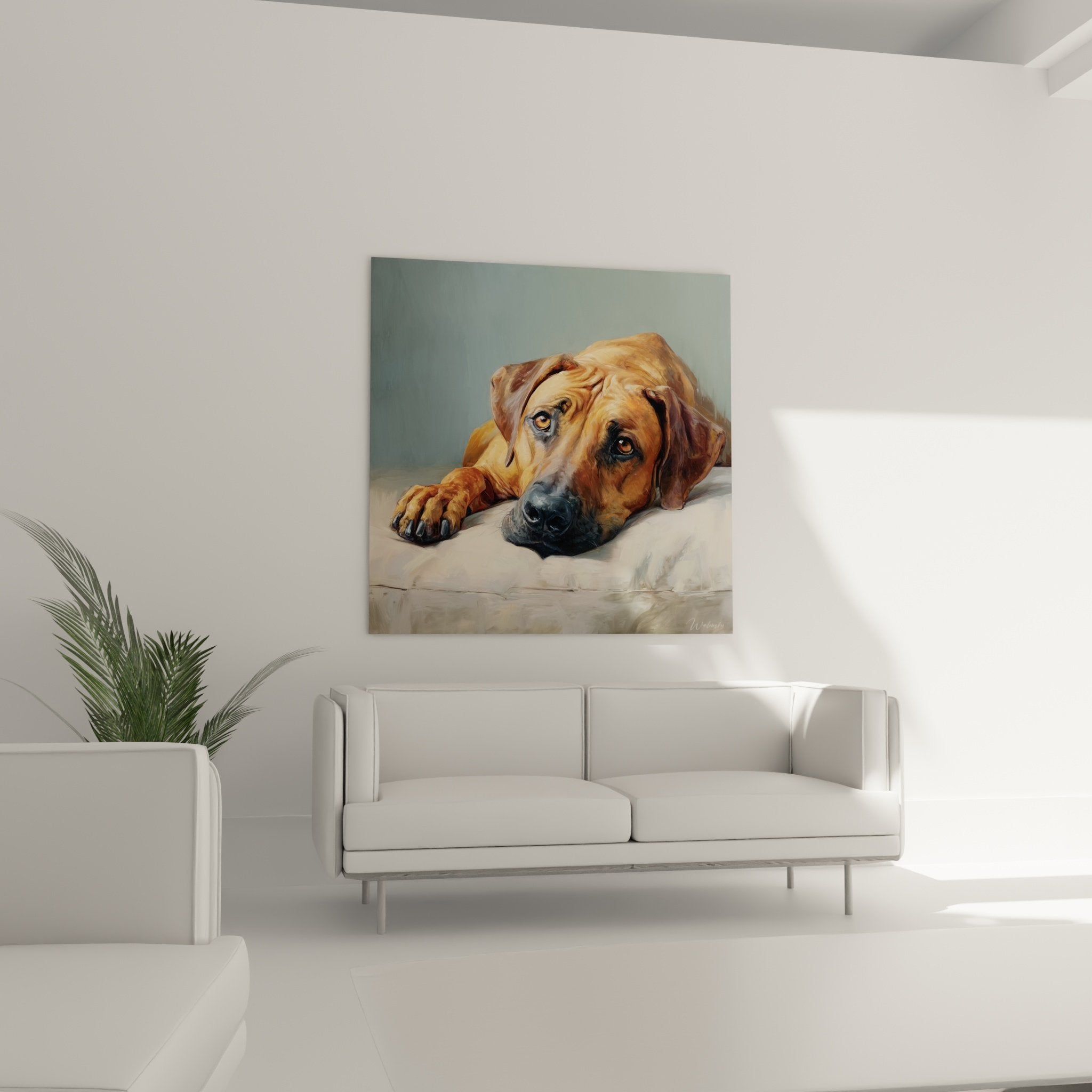 Détail yeux dorés chien rhodesian ridgeback museau noir pelage cuivré peinture réaliste