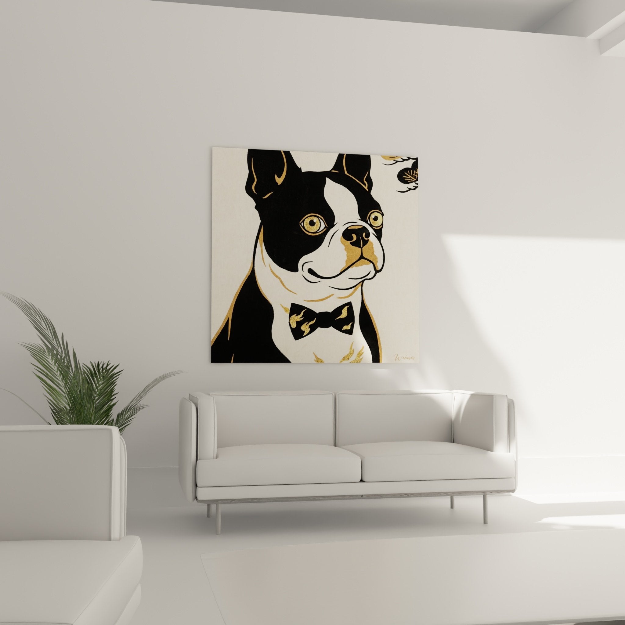Detail noeud papillon dore yeux ambre Boston Terrier tableau art animalier raffinement