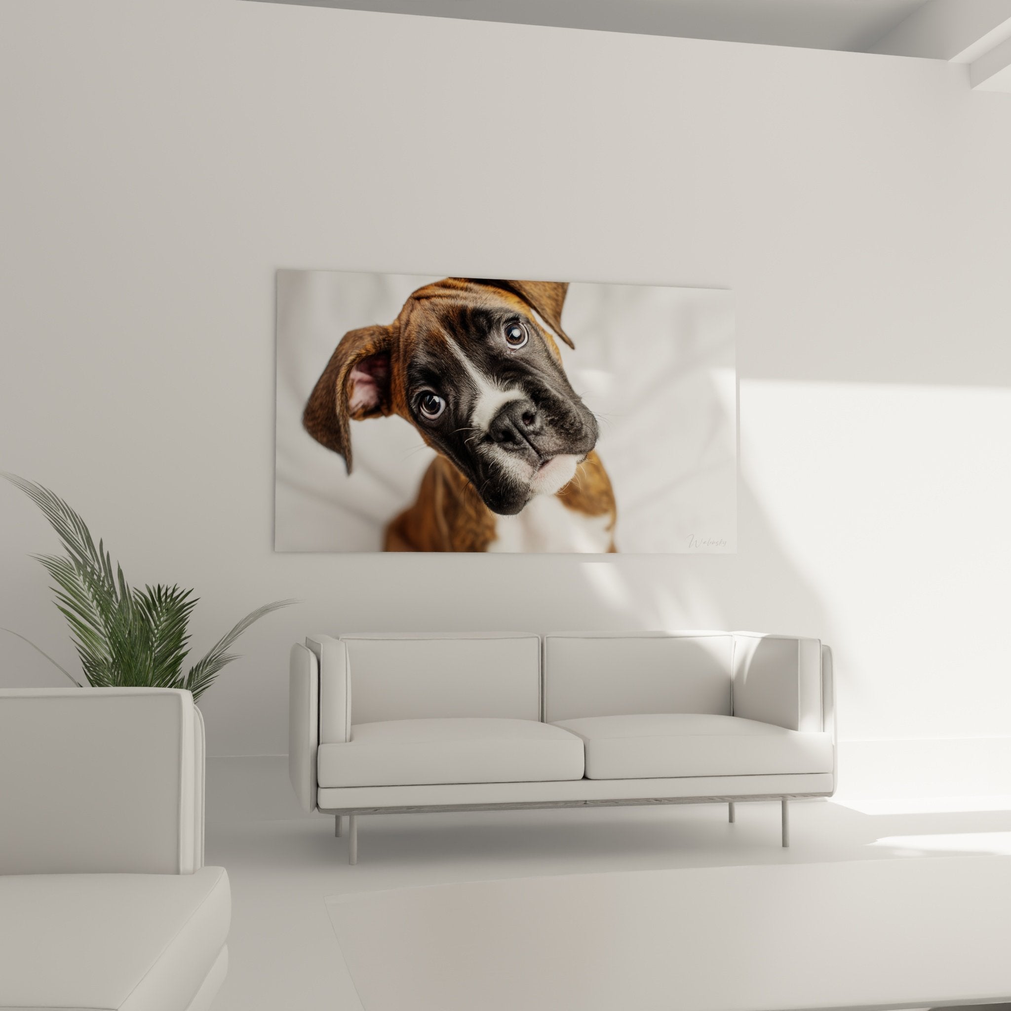 Détail gros plan regard attendrissant chiot Boxer yeux bruns et museau noir contrasté