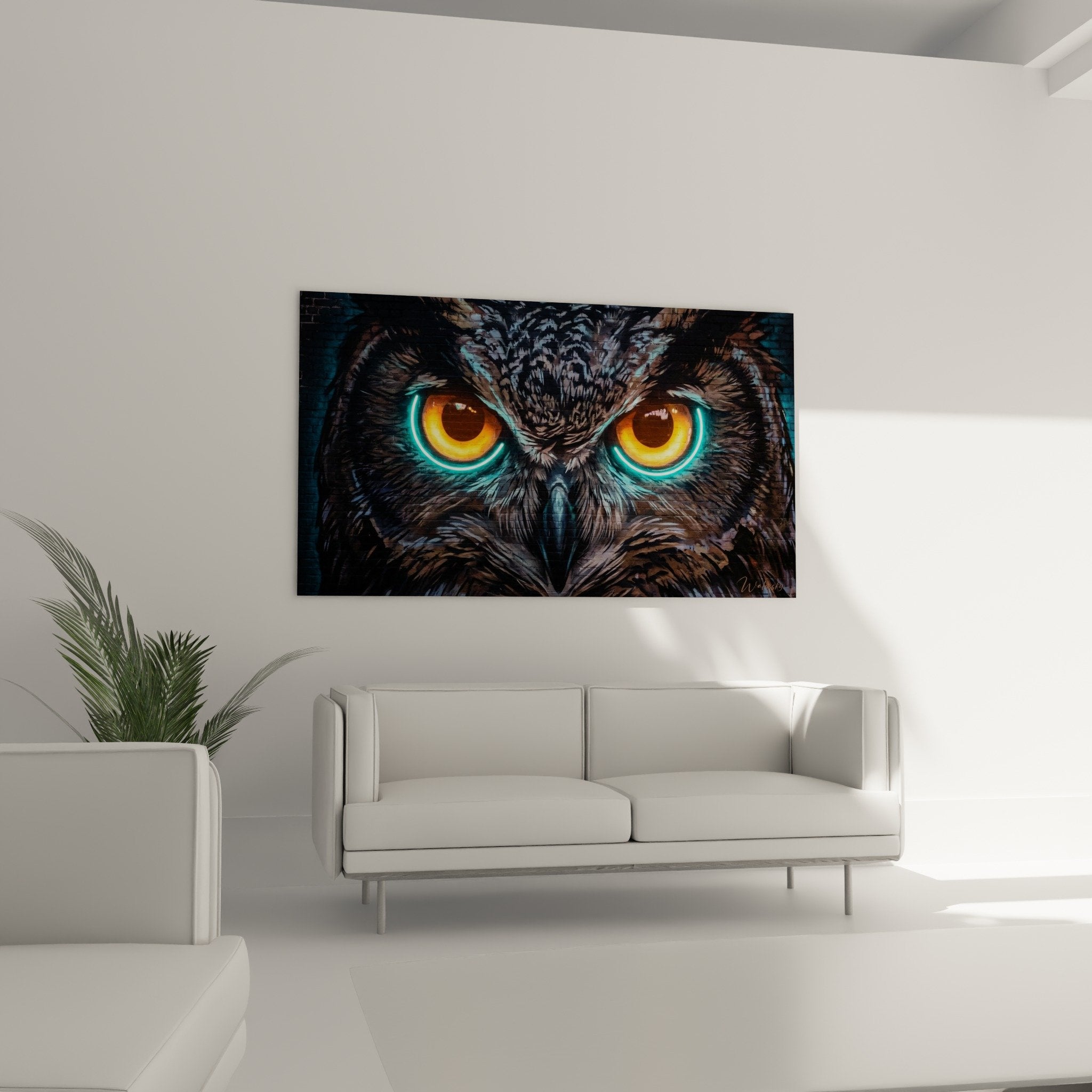 Nahaufnahme goldener Augen Eule Street Art mit elektrisch türkisen Halos, realistische Federdetails