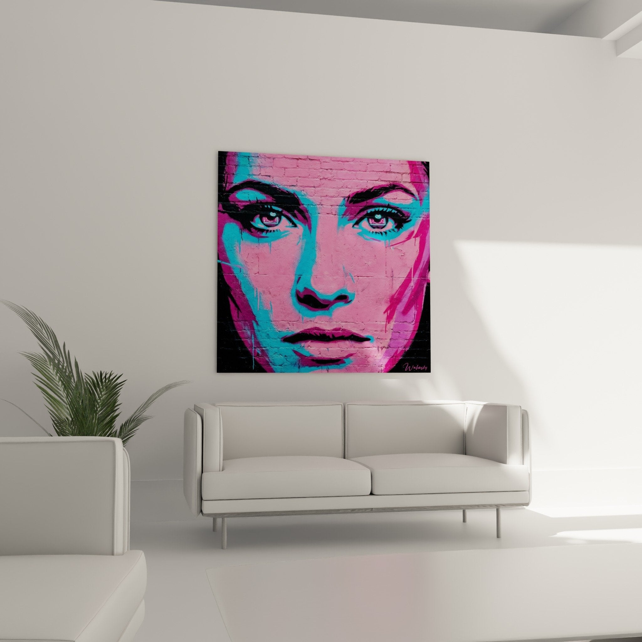 Detail yeux bleus portrait street art femme rose cyan technique neon coulures urbaines