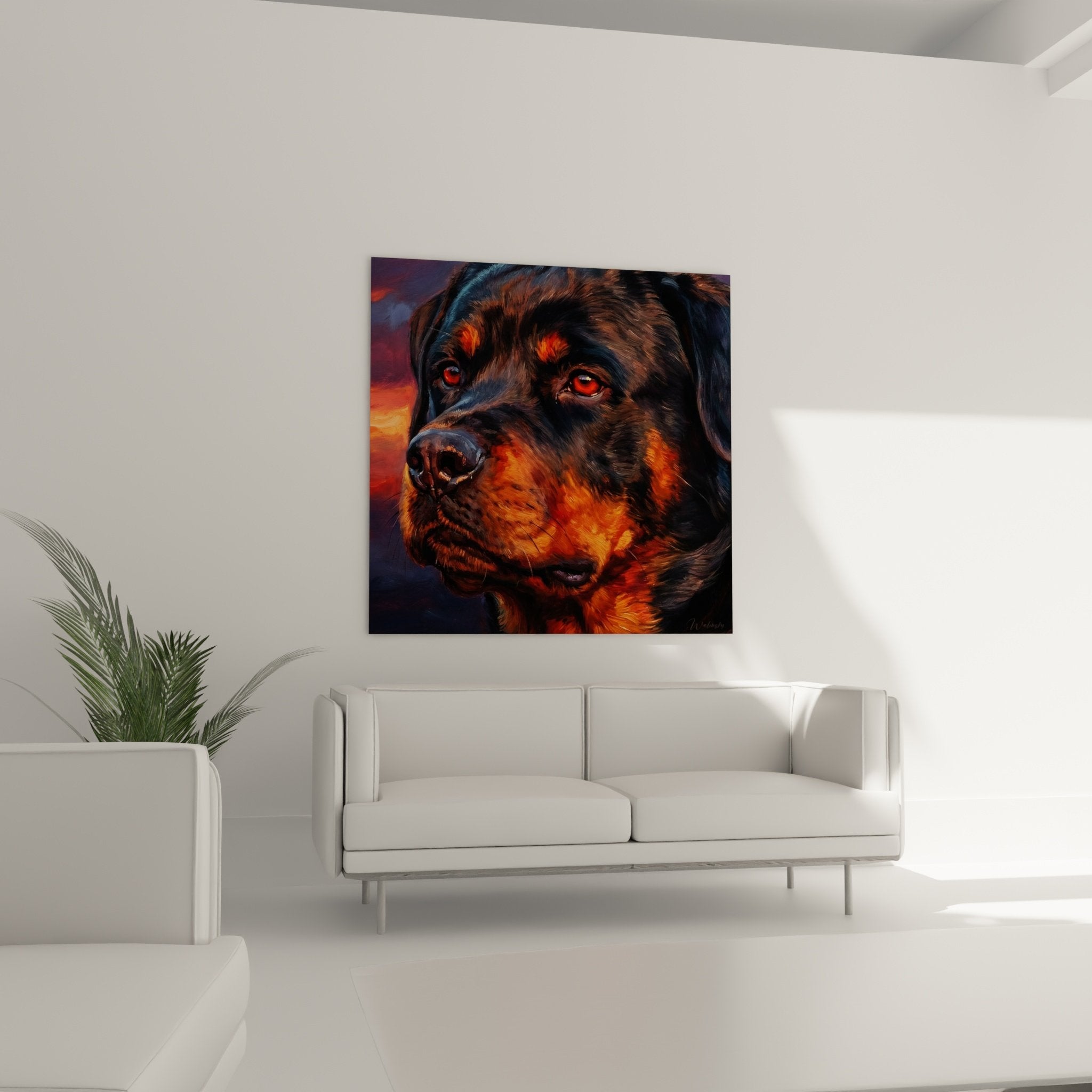 detail yeux rouges rottweiler peinture texture pelage noir orange reflets cuivres portrait rapproche chien