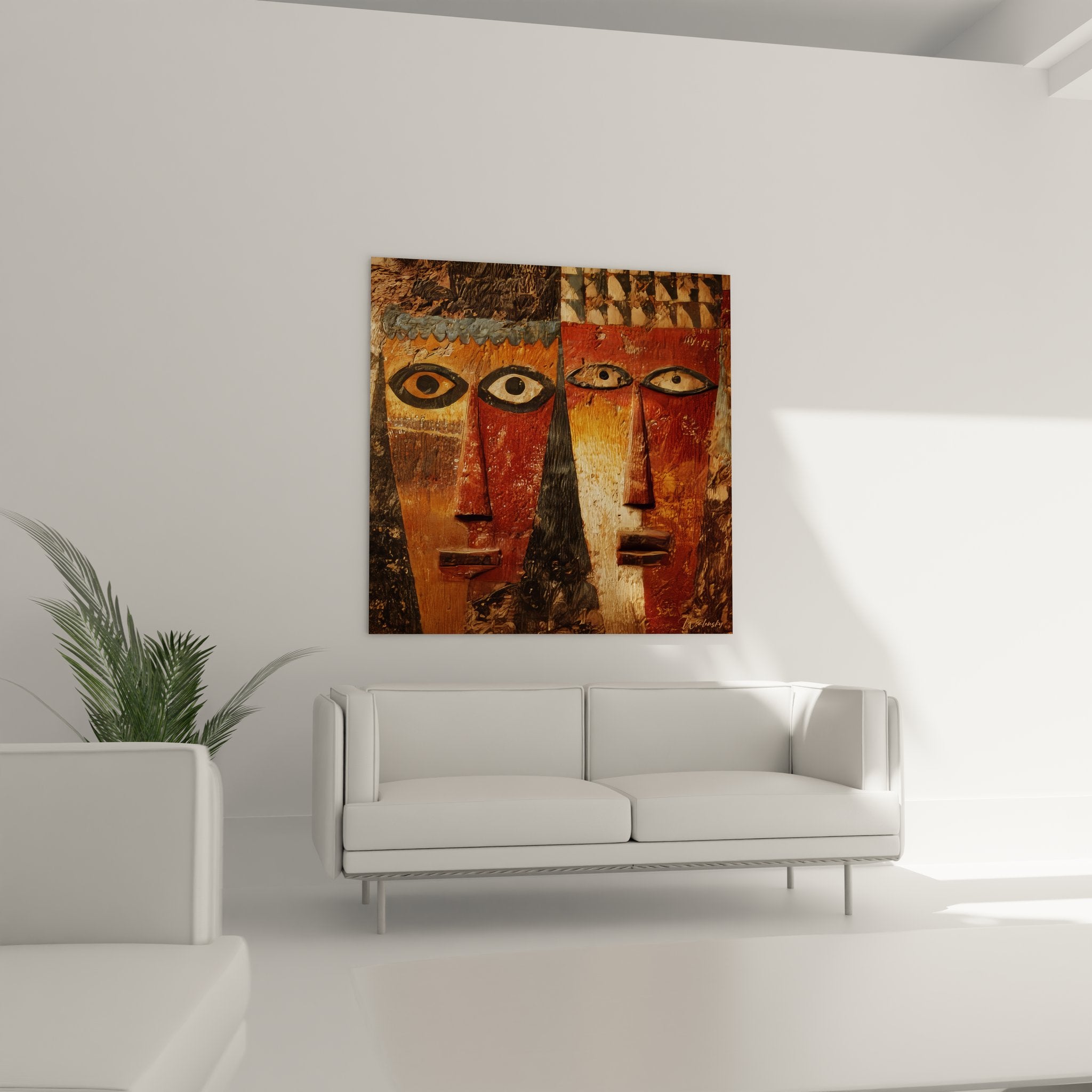 Gros plan sur les détails du tableau africain montrant les yeux expressifs et textures peintes