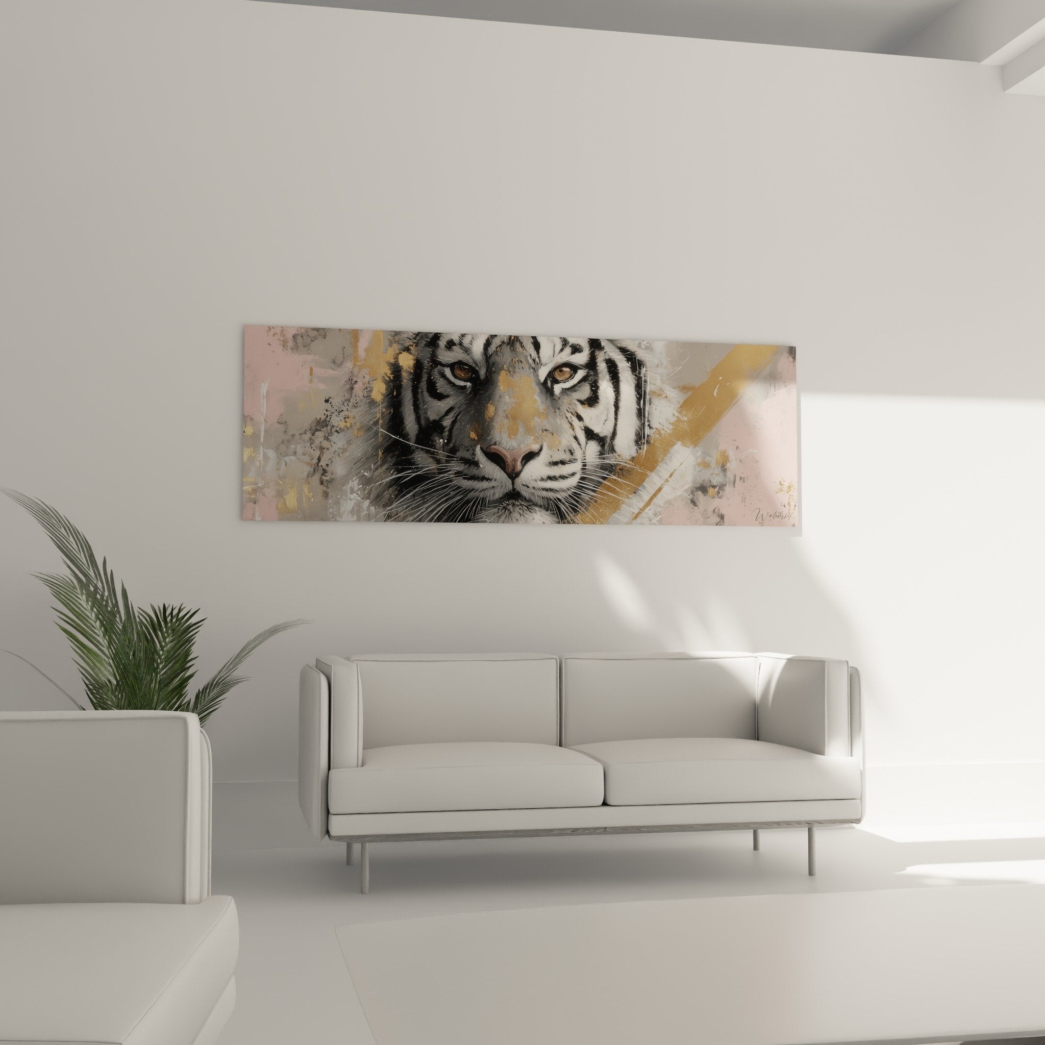 Détail du regard perçant et des rayures du tigre aux nuances roses et dorées