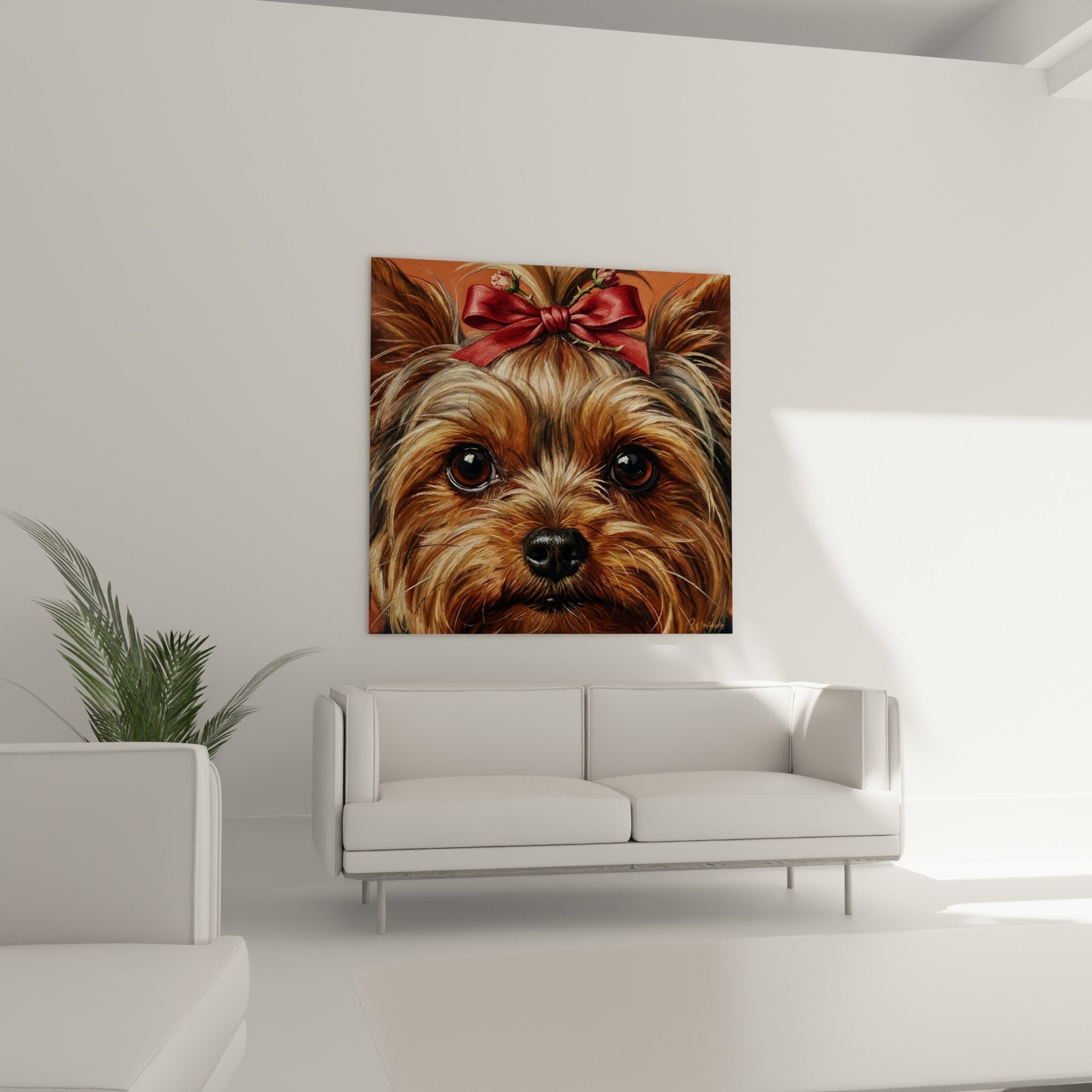 Dettaglio ritratto Yorkshire Terrier, pelame dorato texturizzato, occhi marroni espressivi, fiocco bordeaux floreale, rendering realistico
