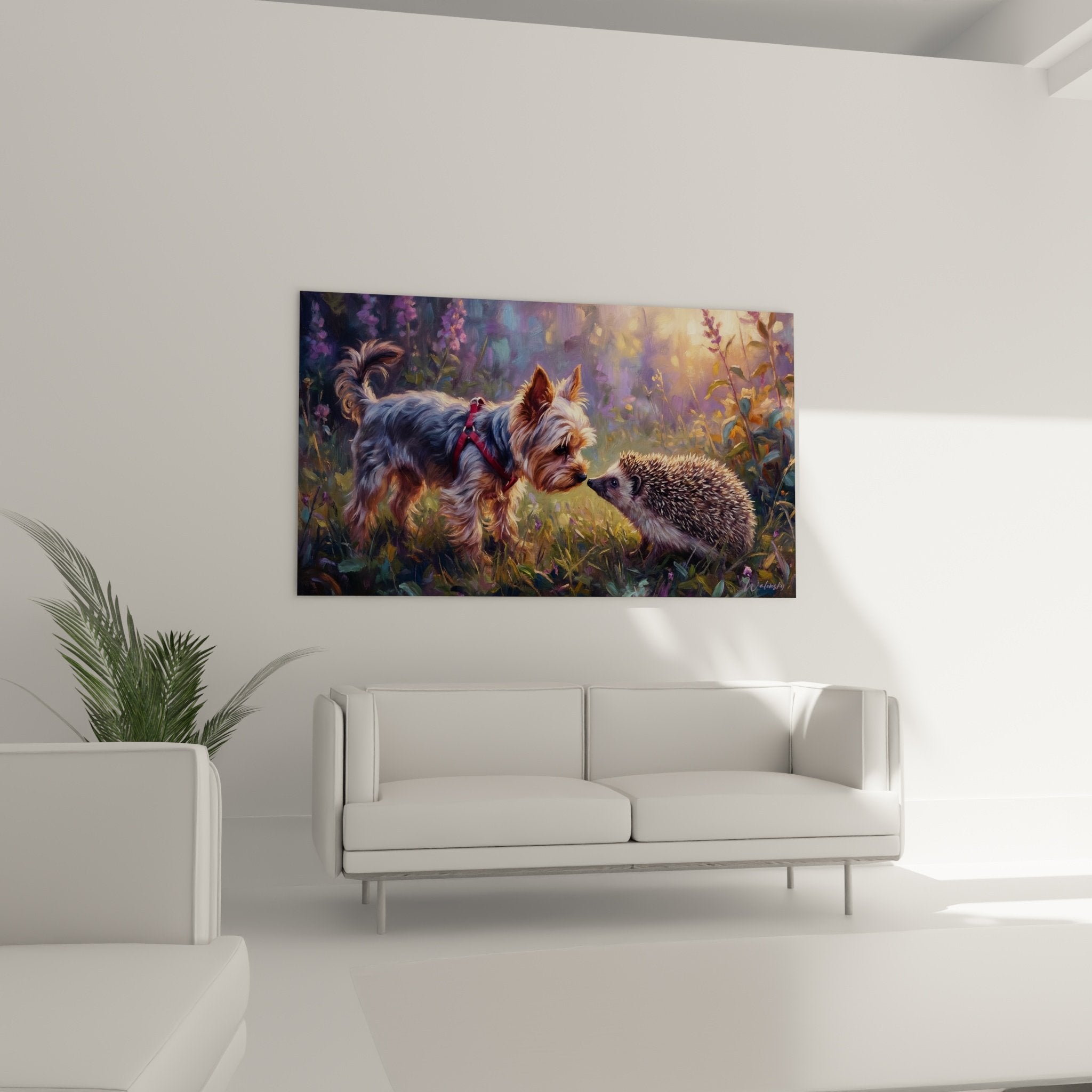 Close-up Yorkshire Terrier con mantello dorato di fronte a riccio, dettagli artistici e texture impressioniste