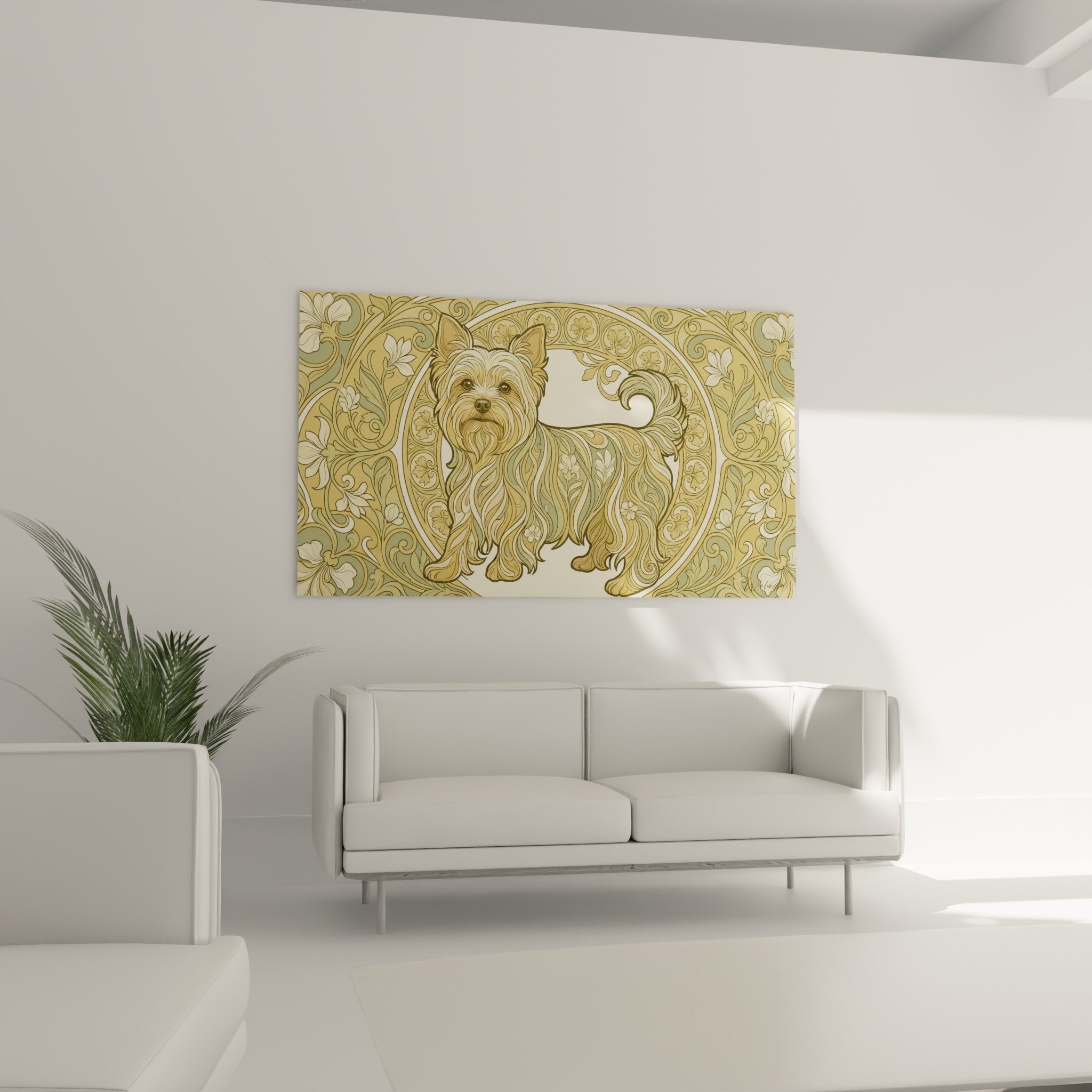 Détail Yorkshire Terrier pelage doré dans médaillon fleuri aux arabesques ornementales