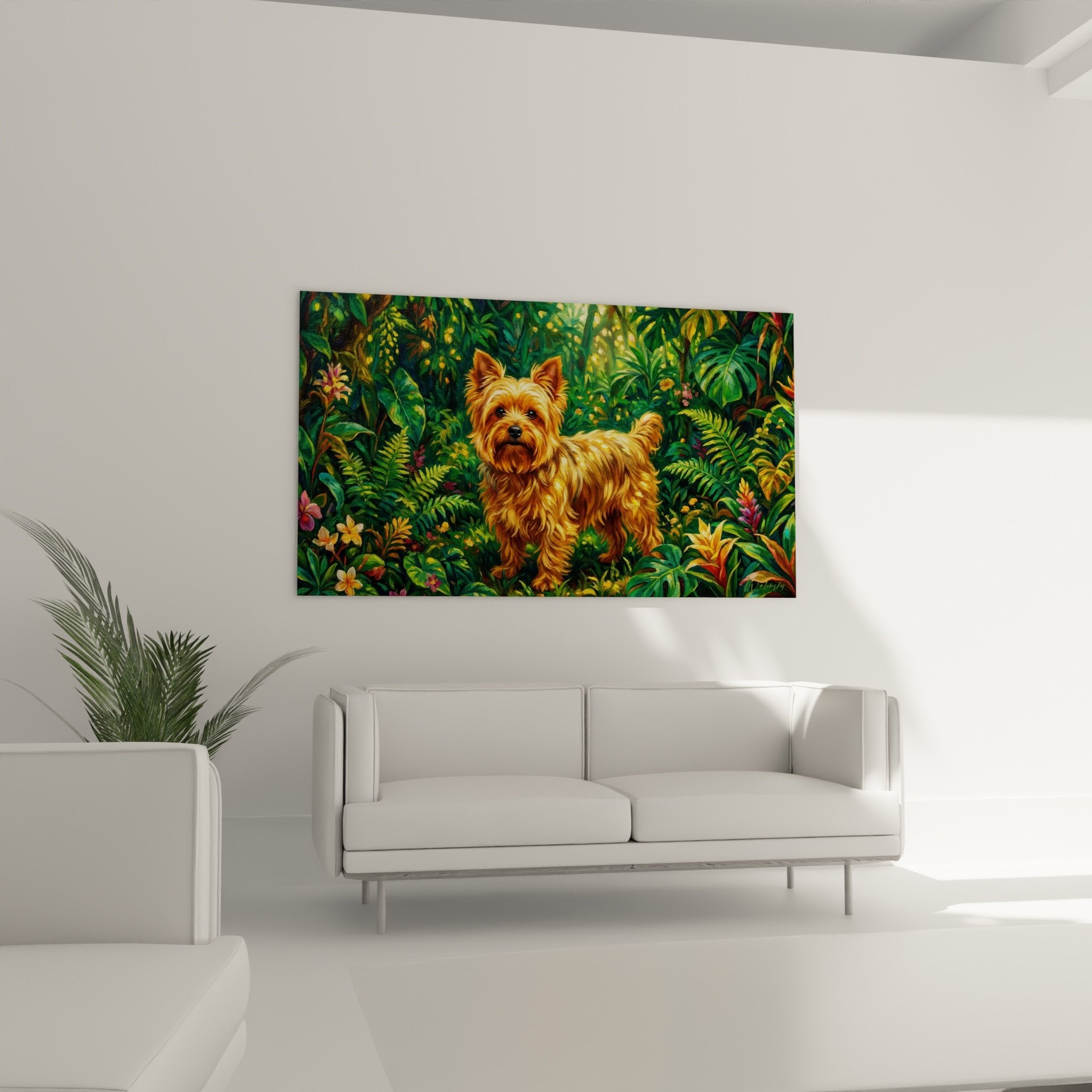 Detail pelage dore Yorkshire Terrier et feuillage tropical vert emeraude peinture animaliere